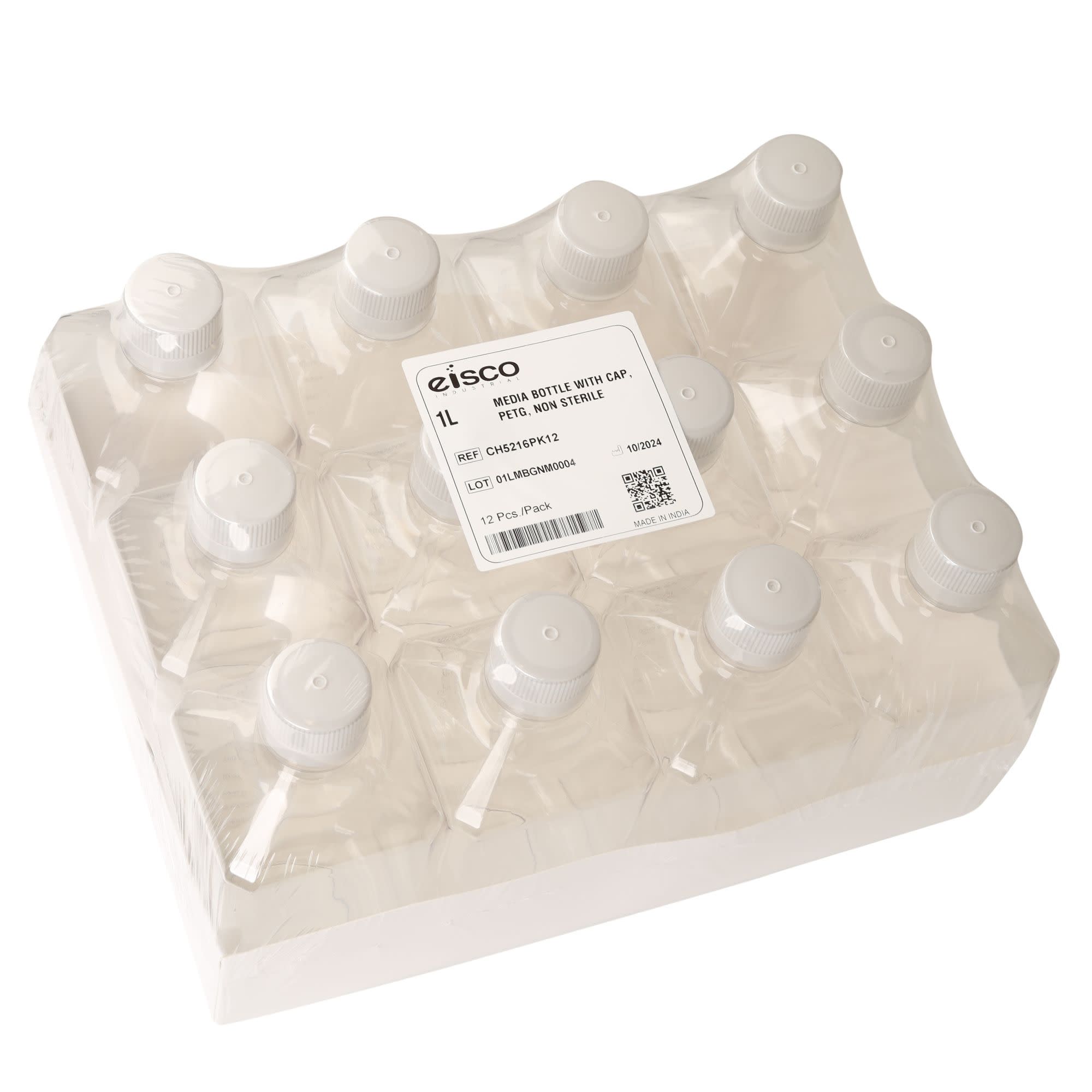 12-Pack Non-Sterile Square PETG Media Bottles with HDPE Caps, 1L
