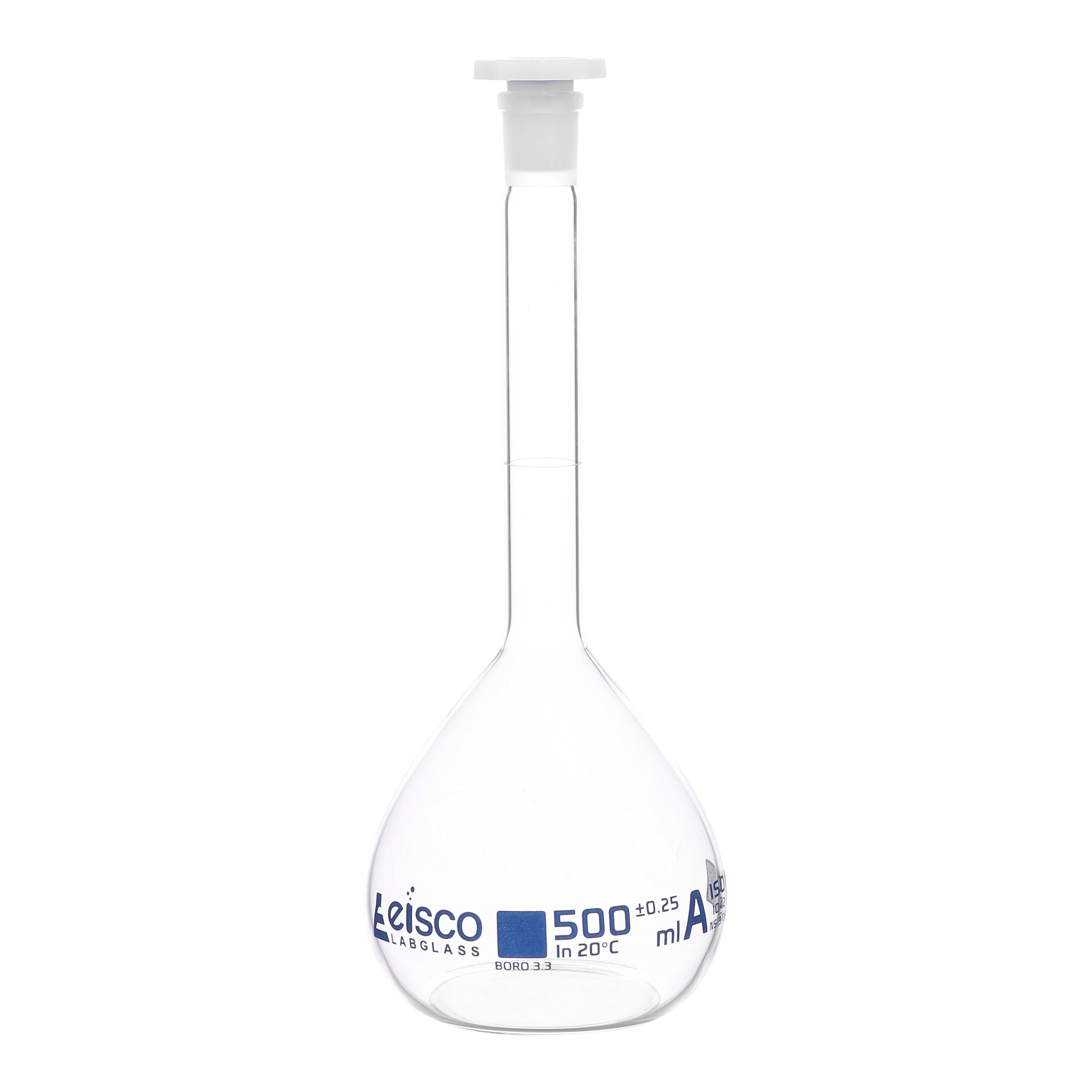 Class A Borosilicate Glass Volumetric Flask with Polyethylene Stopper, QR Certificate