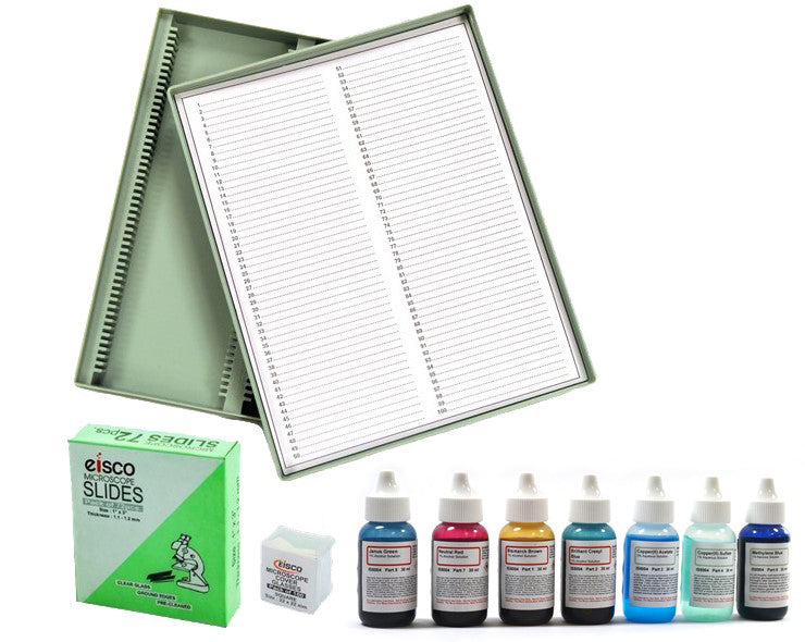 7-Bottle Microscope Vital Stain Kit with Slides, Cover Slips and Storage