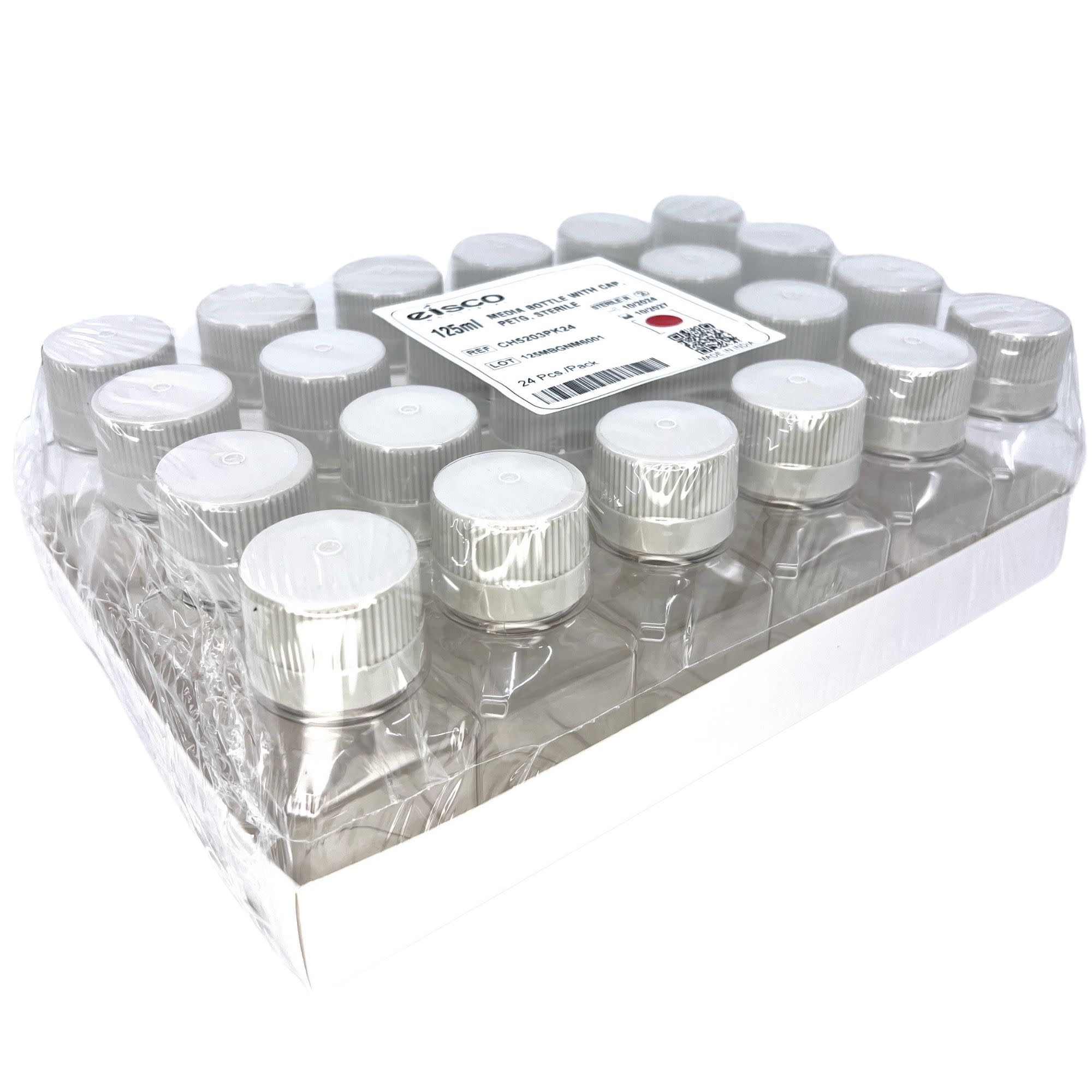 Square Sterile PETG Media Bottle with HDPE Cap, Leak-Proof, 24-Pack