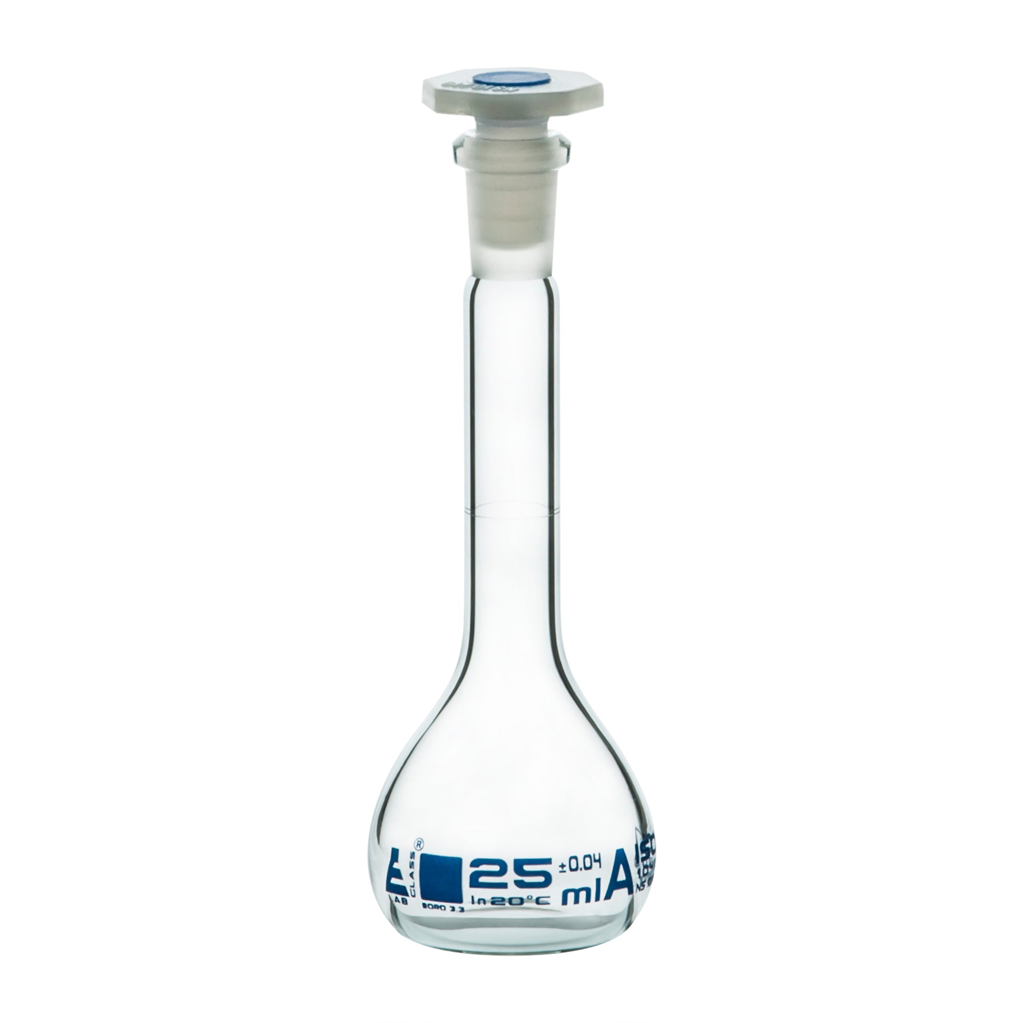 Class A Borosilicate Glass Volumetric Flask with Polyethylene Stopper, Blue Graduations