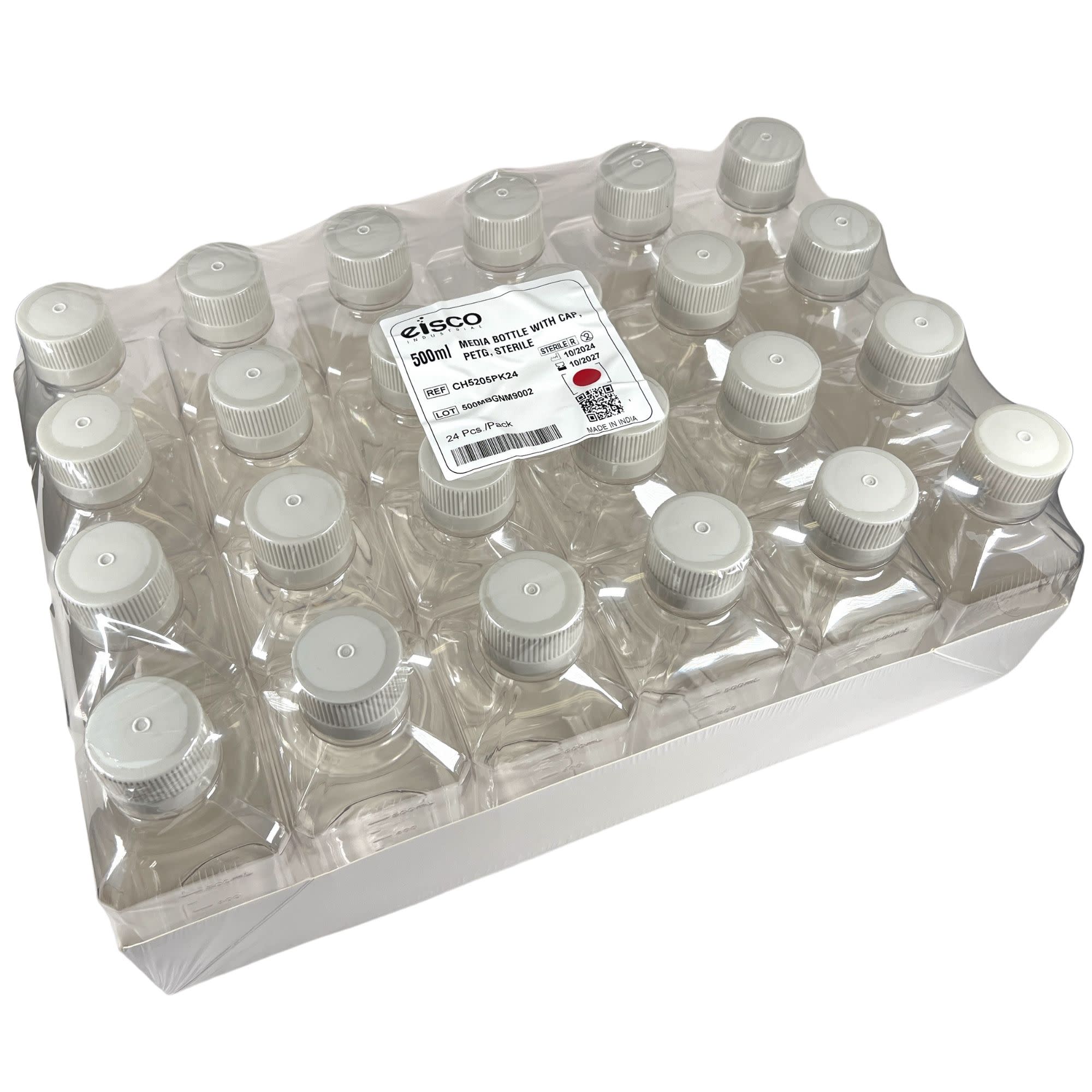 Square Sterile PETG Media Bottle with HDPE Cap, Leak-Proof, 24-Pack