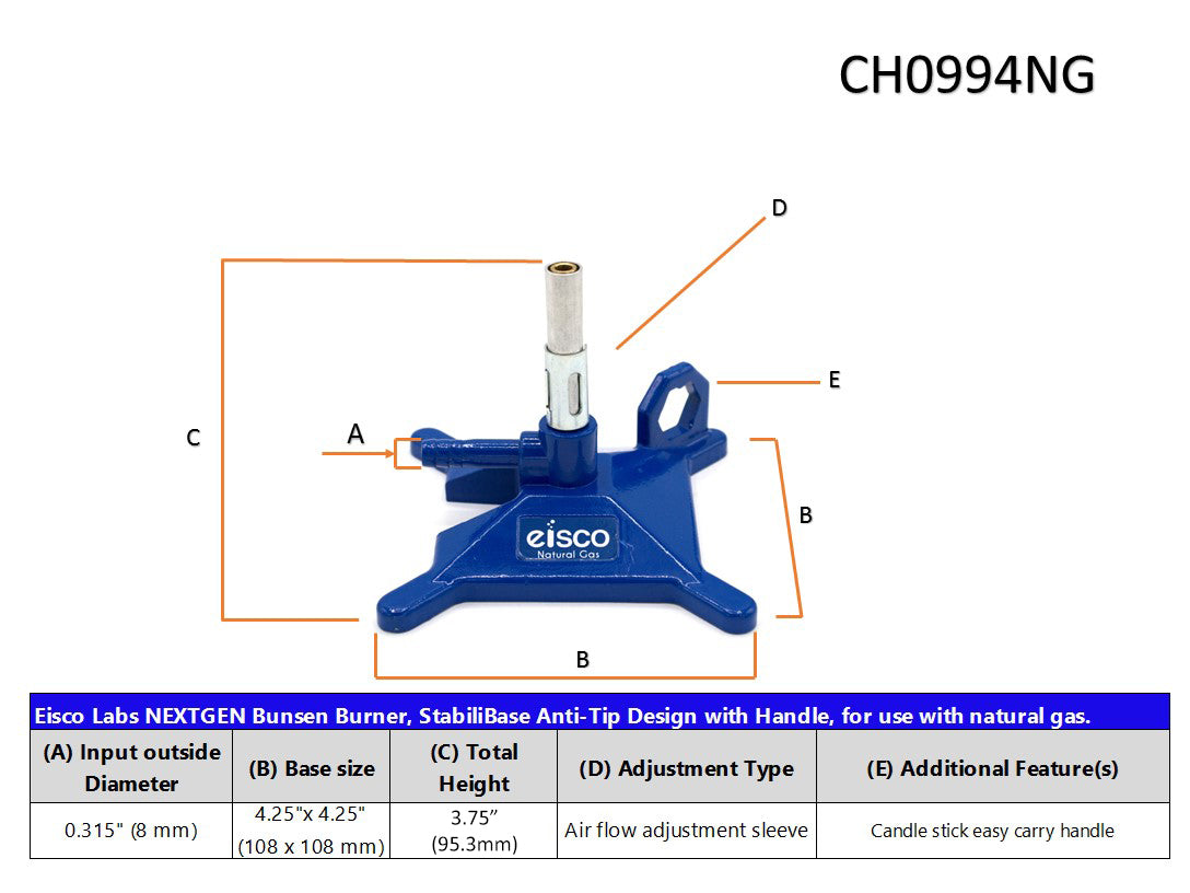 Micro Natural Gas Bunsen Burner with Cast Iron StabiliBase and Flame Stabilizer