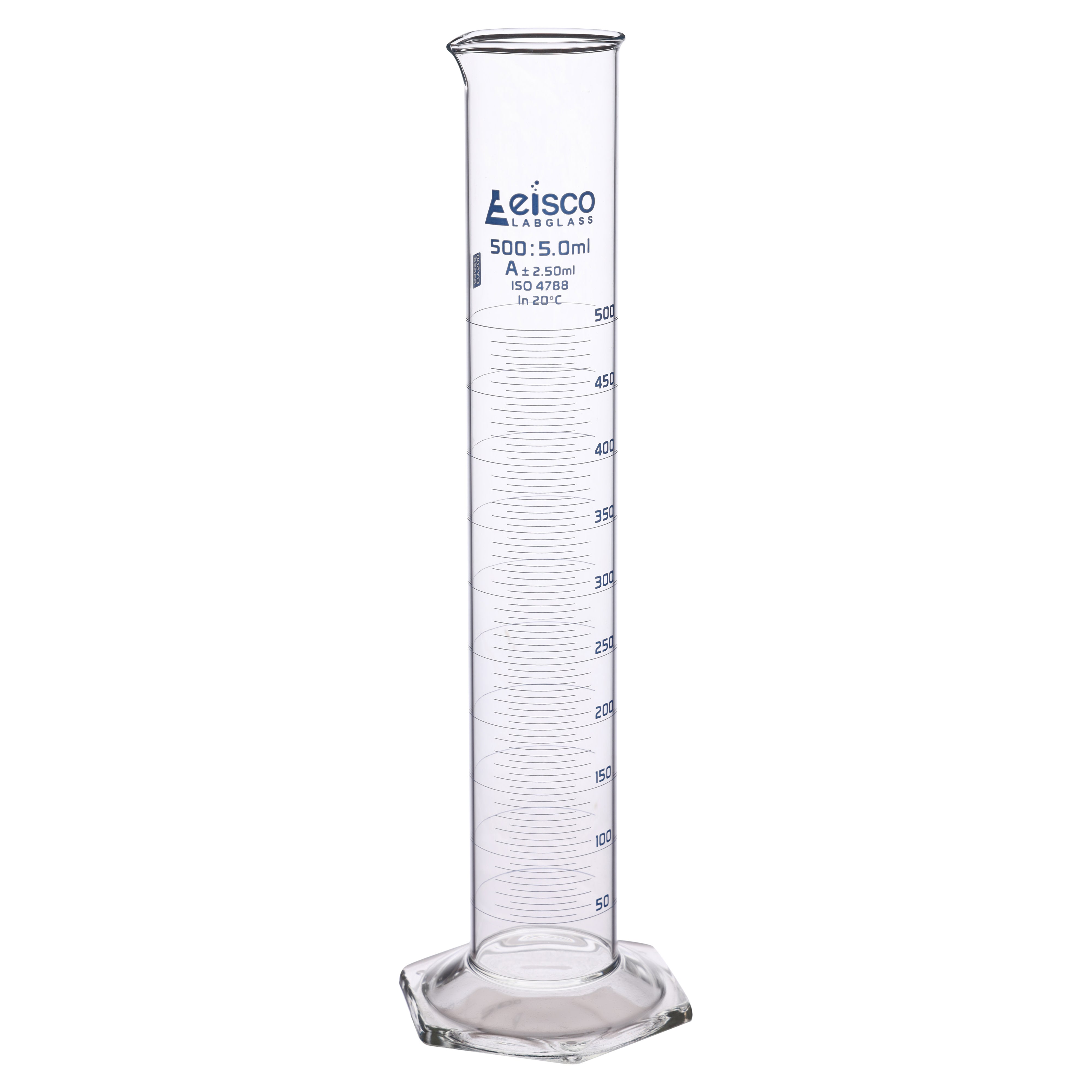 Class A Borosilicate Glass Graduated Cylinder with Hexagonal Base, Blue Graduations