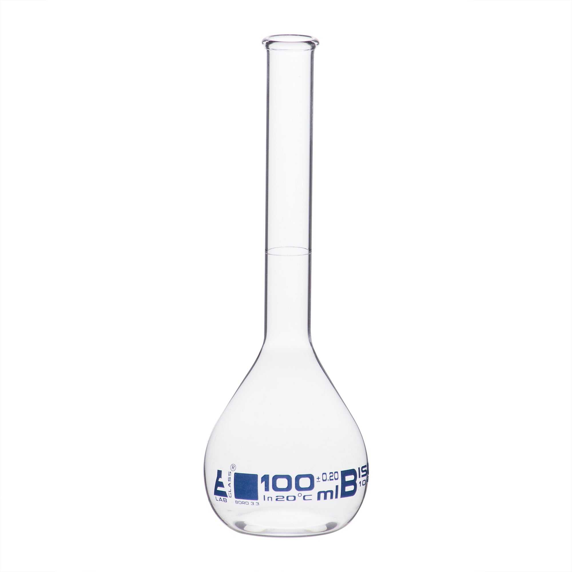 Class B Borosilicate Glass Volumetric Flask with Beaded Rim, Blue Graduations