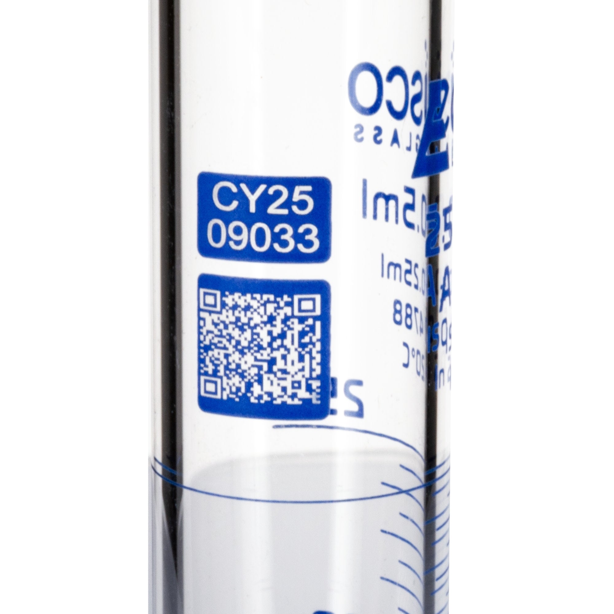 Class A Autoclavable Graduated Cylinder with Hex Base and QR Code Certificate, 25mL, Borosilicate Glass