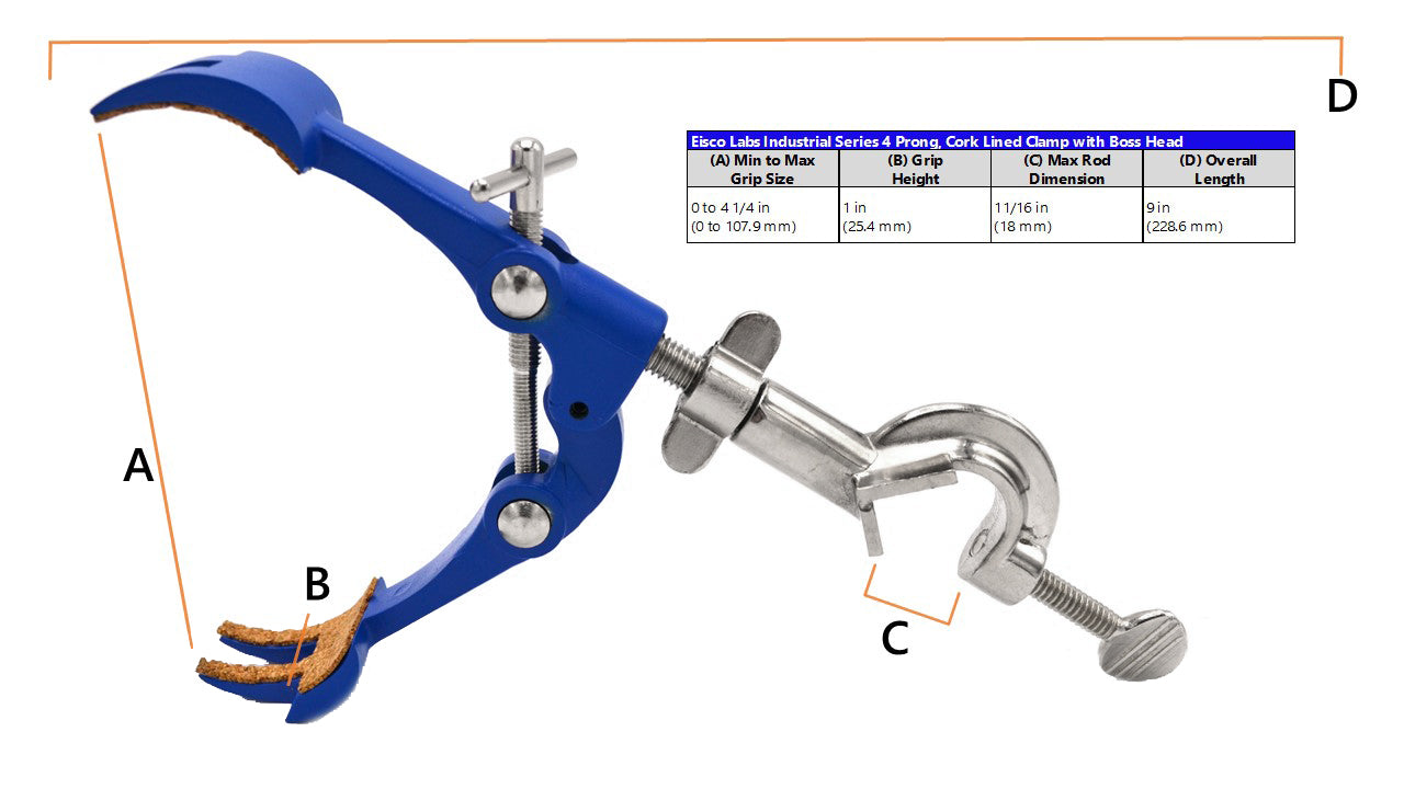 4-Prong Cork-Lined Clamp with Swivel Boss Head, 4.1" Max