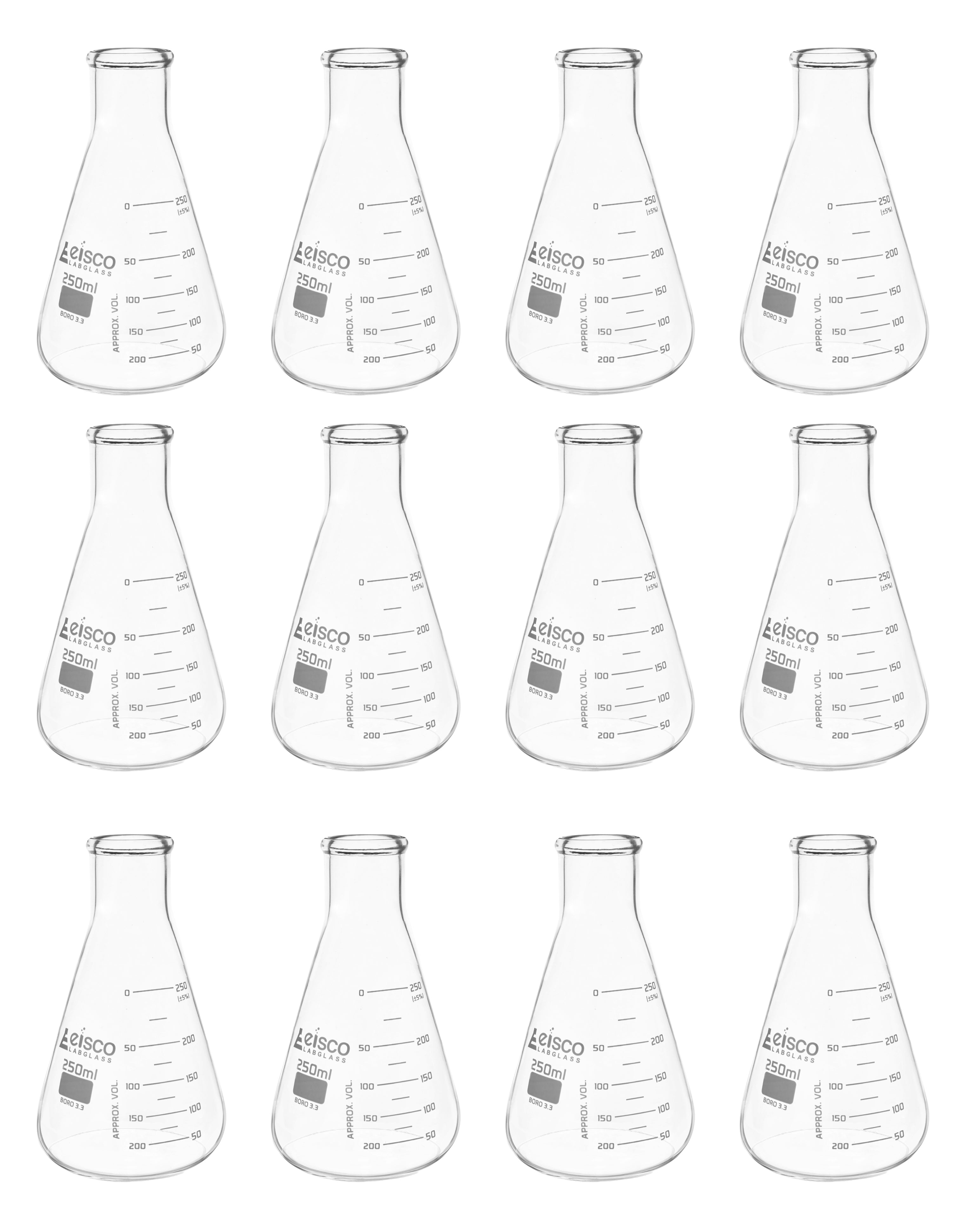 ASTM Narrow Neck Borosilicate Glass Erlenmeyer Flask with Dual Scale, 12-Pack