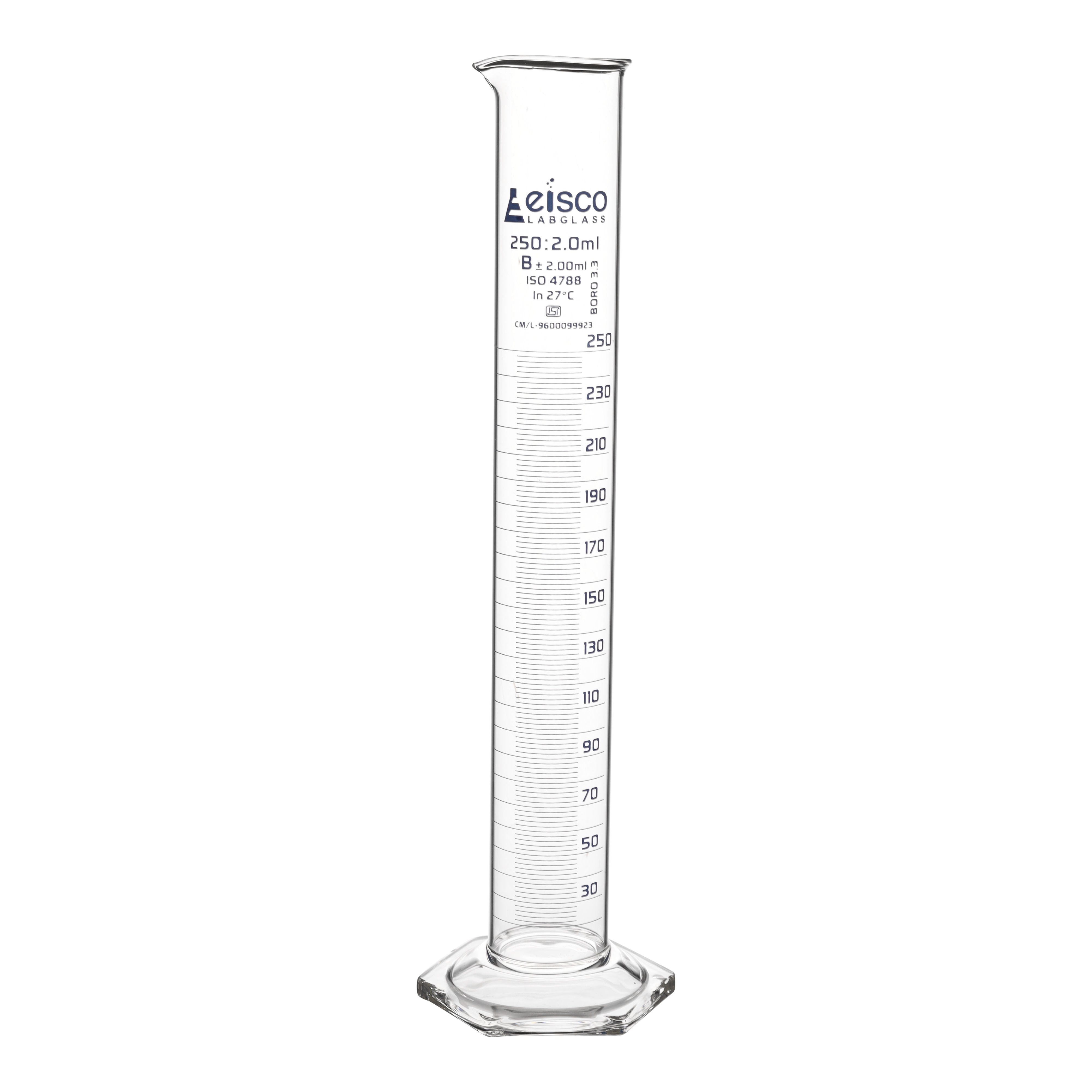 Class B Borosilicate Glass Graduated Cylinder with Hexagonal Base, Blue Graduations