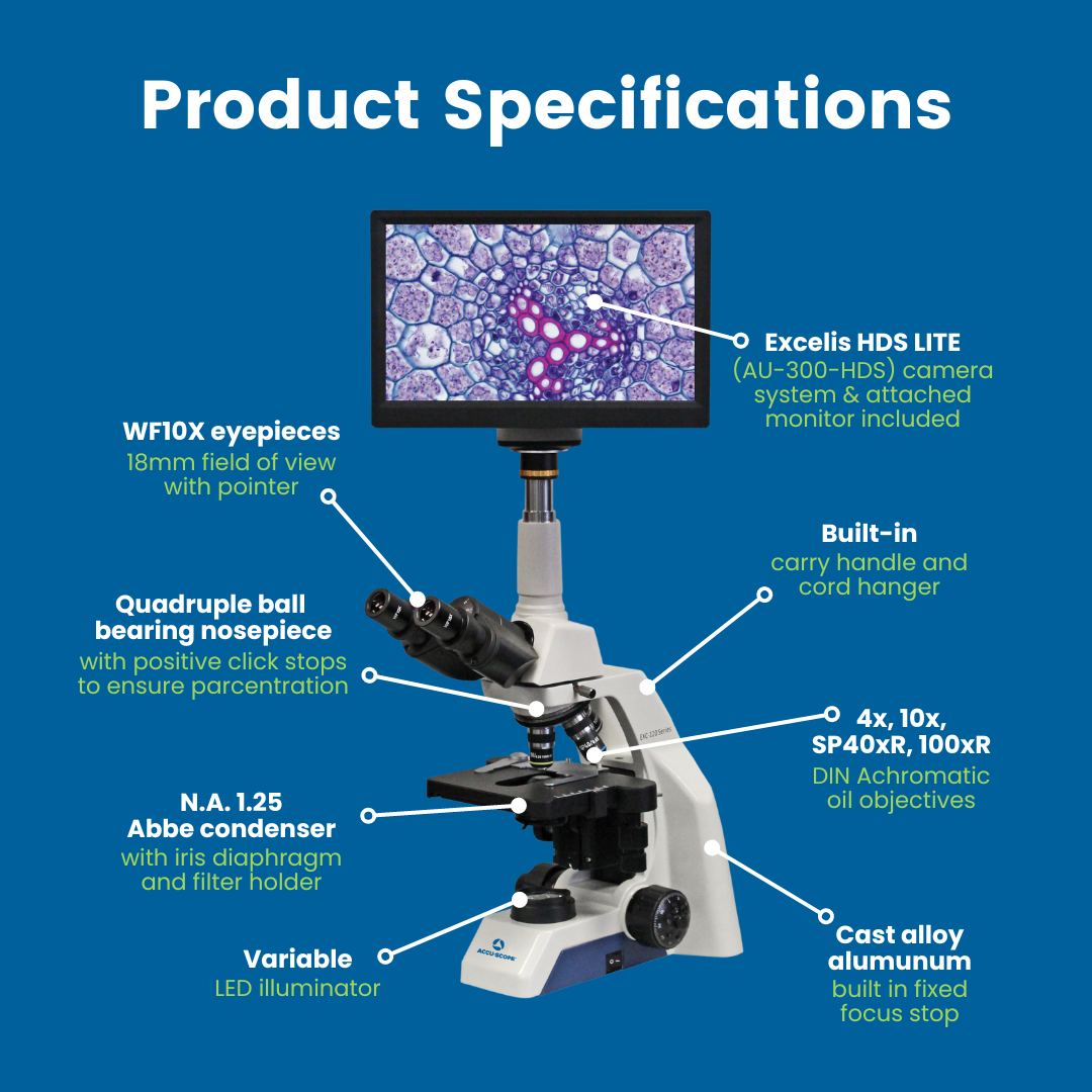 Accu-Scope Digital Compound Microscope with HD Camera and 11.6" LCD, EXC-123-HDS, 40-1000X