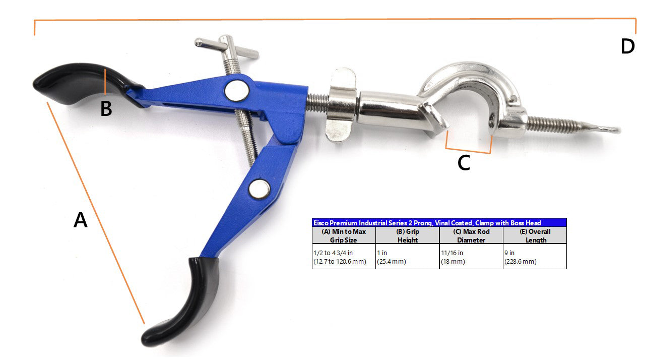 2-Prong Vinyl-Coated Burette/Flask/Beaker Clamp with Swivel Boss Head, 4.25" Max