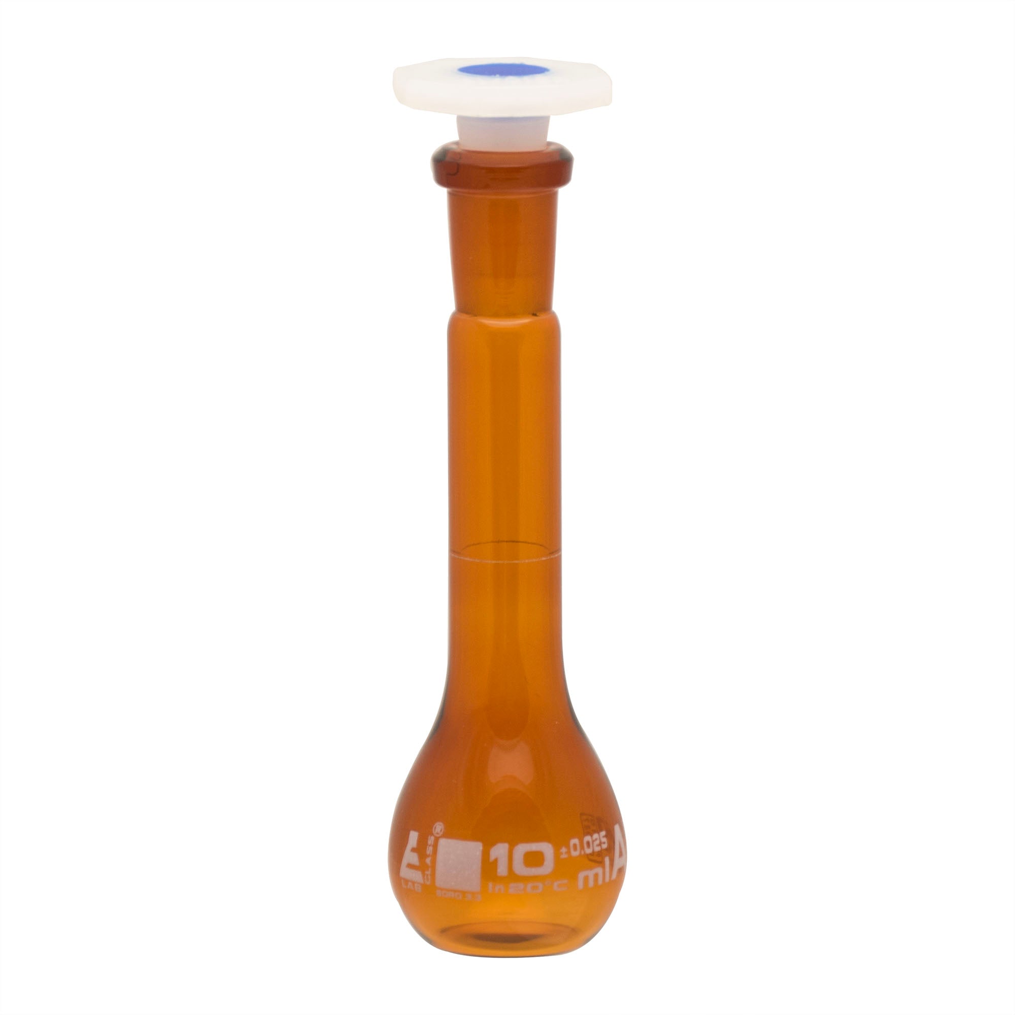 Class A Amber Borosilicate Glass Volumetric Flask with Polypropylene Stopper, White Graduations
