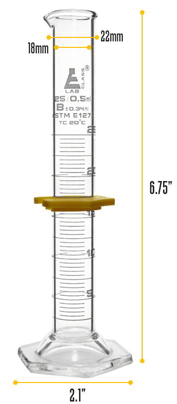 Glass Graduated Cylinder, 25mL - Class B - White Single Scale - Hexagonal Base - Borosilicate