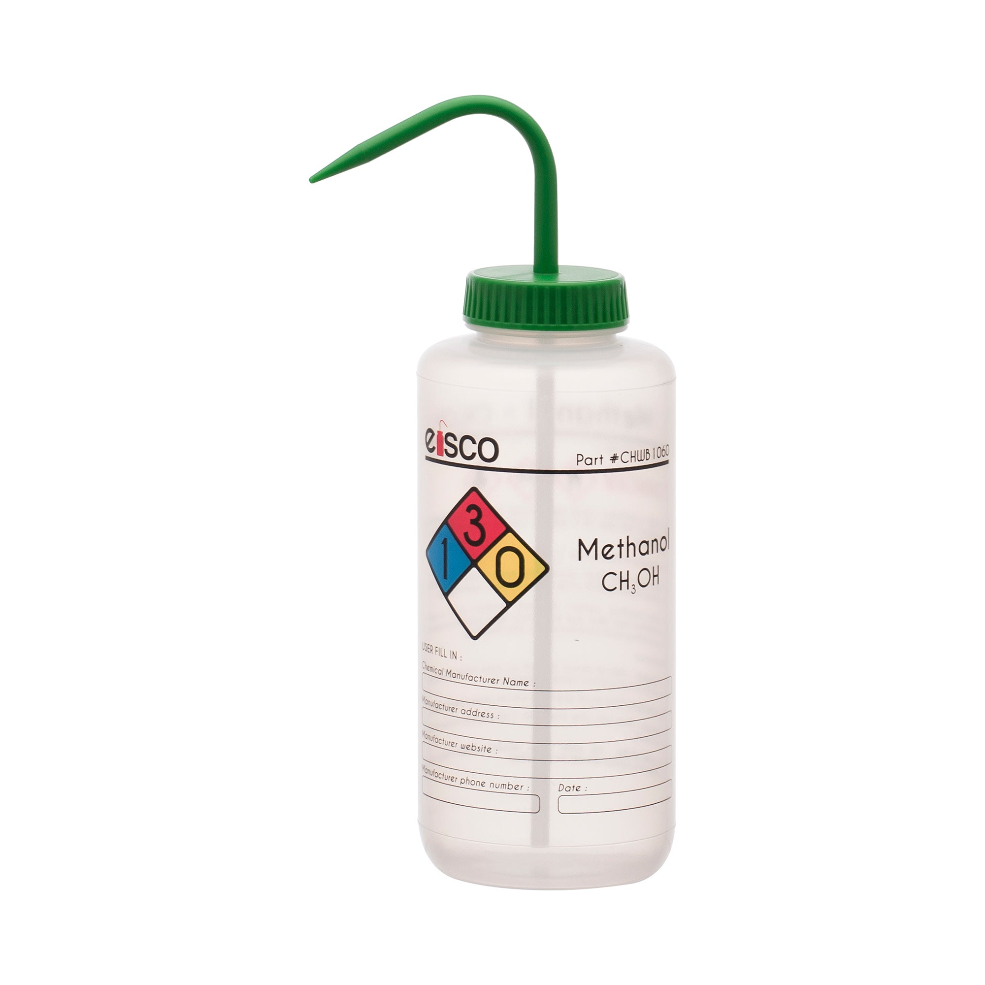 Methanol Wash Bottle, Polypropylene, 4-Color Label, 1000mL