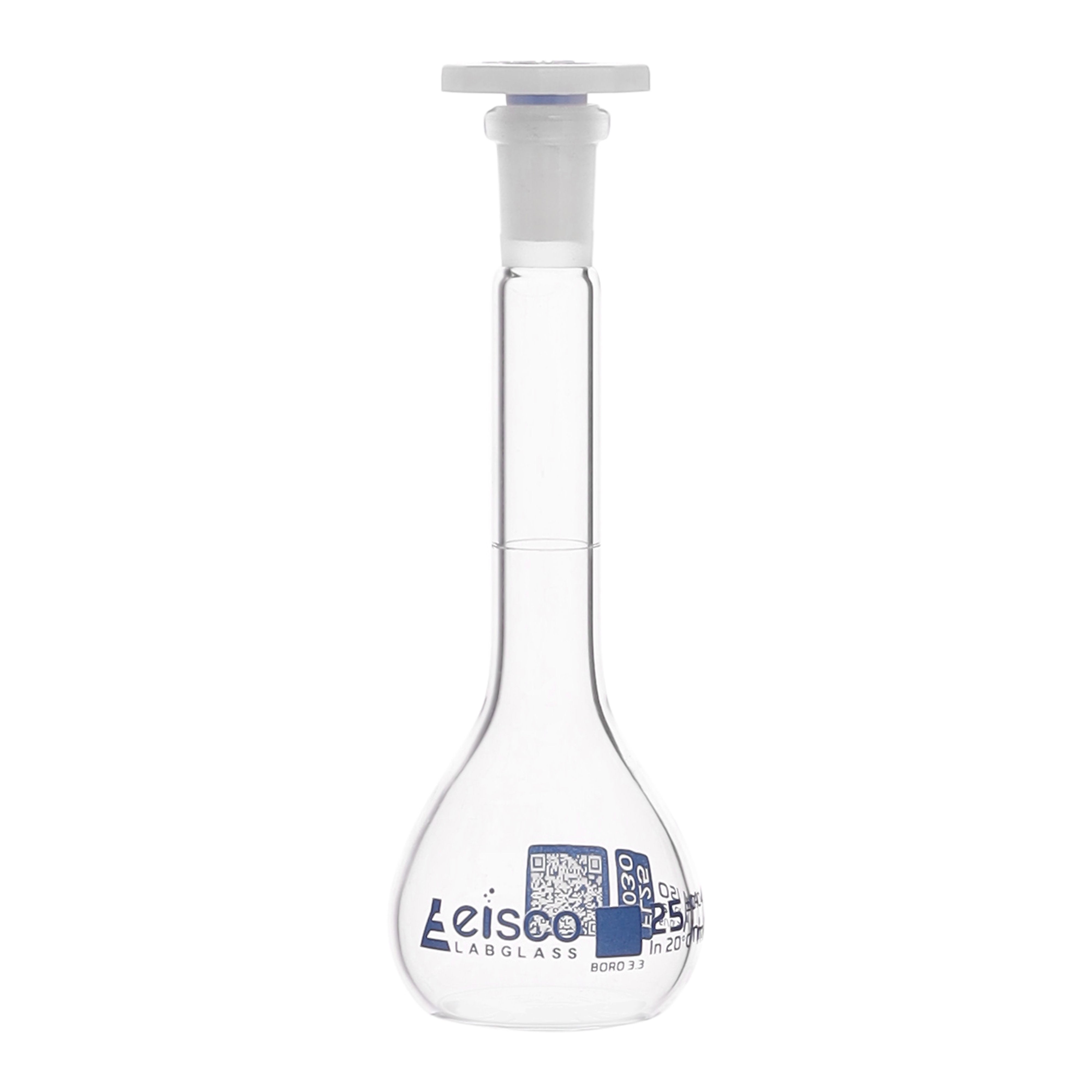 Class A Borosilicate Glass Volumetric Flask with Polyethylene Stopper, QR Certificate