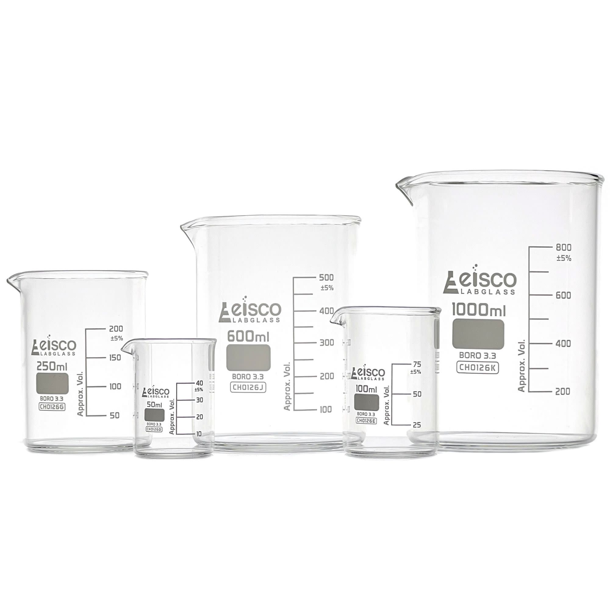 5-Piece Low Form Premium Beaker Set, 50/100/250/600/1000mL, White Graduations, Borosilicate Glass