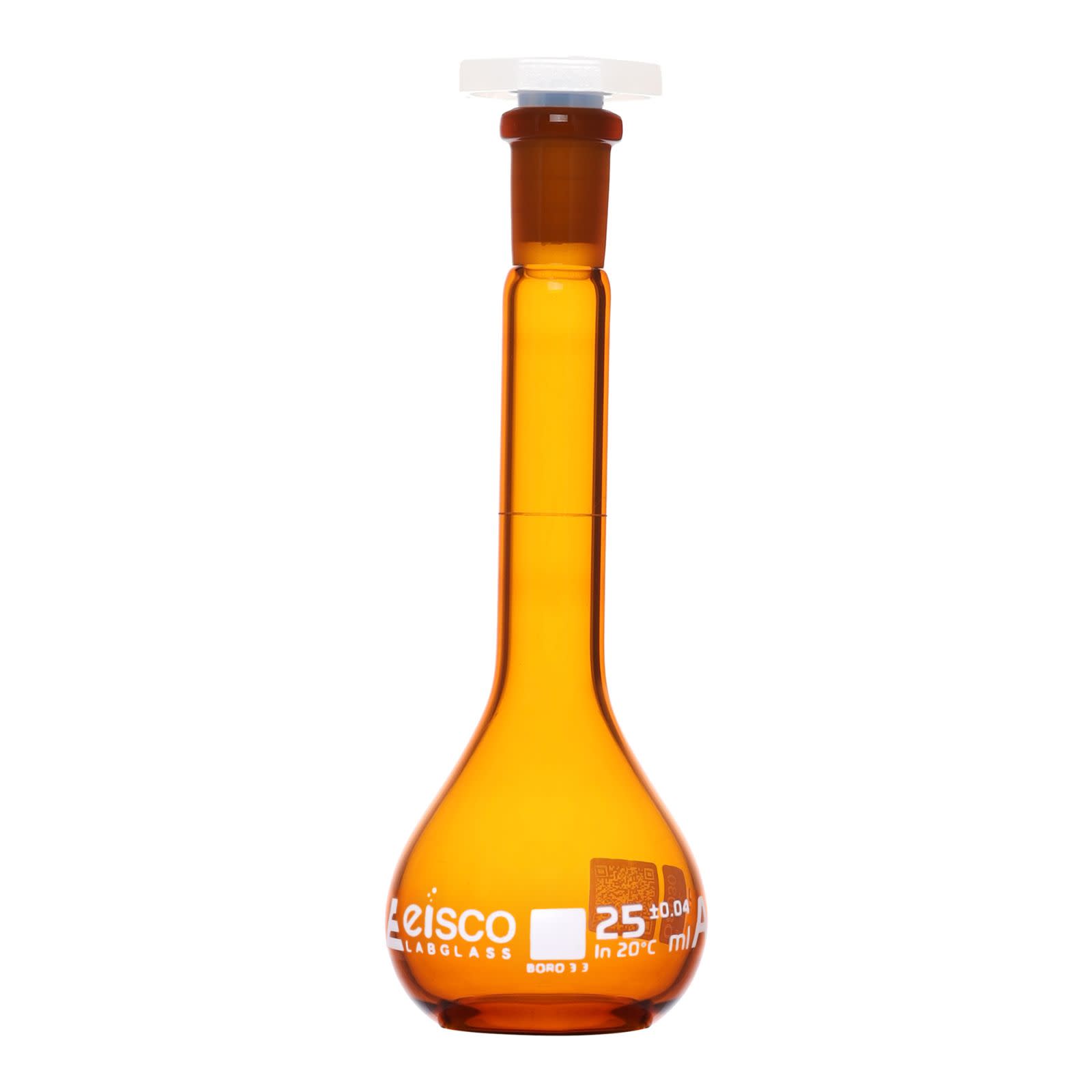 Class A Amber Borosilicate Glass Volumetric Flask with Polyethylene Stopper, QR Certificate
