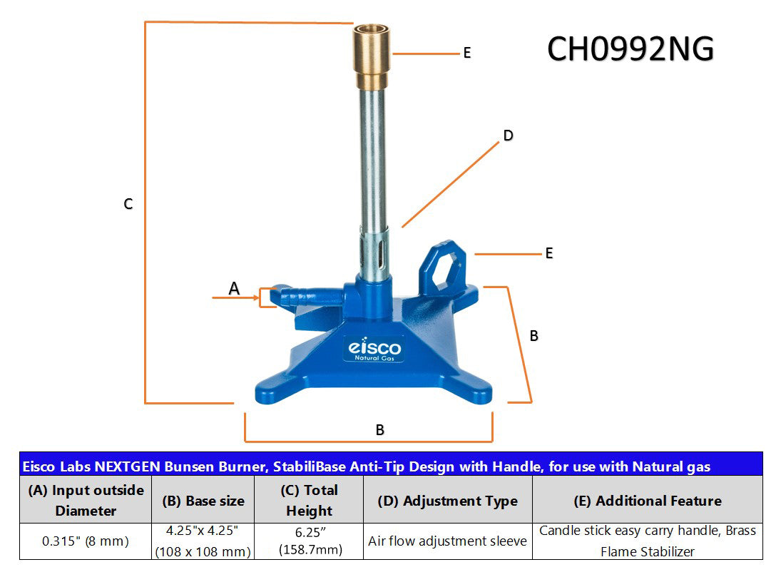 Natural Gas Bunsen Burner with Cast Iron StabiliBase and Flame Stabilizer
