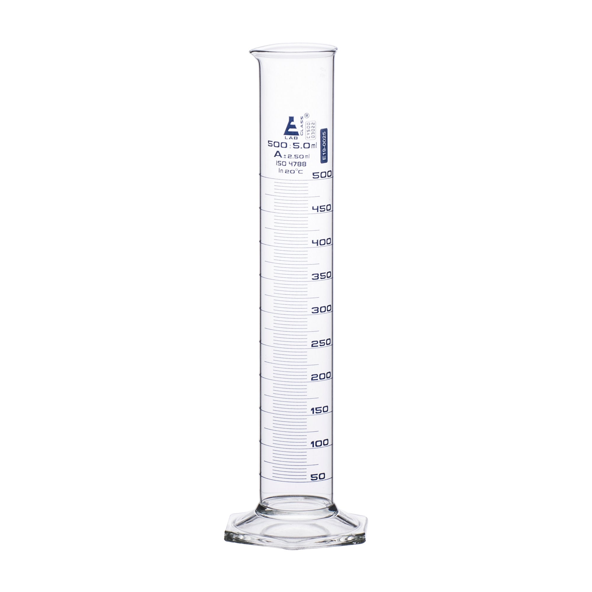 Class A Graduated Cylinder with Calibration Certificate, 500mL, Hexagonal Base, Blue Graduations, Borosilicate Glass