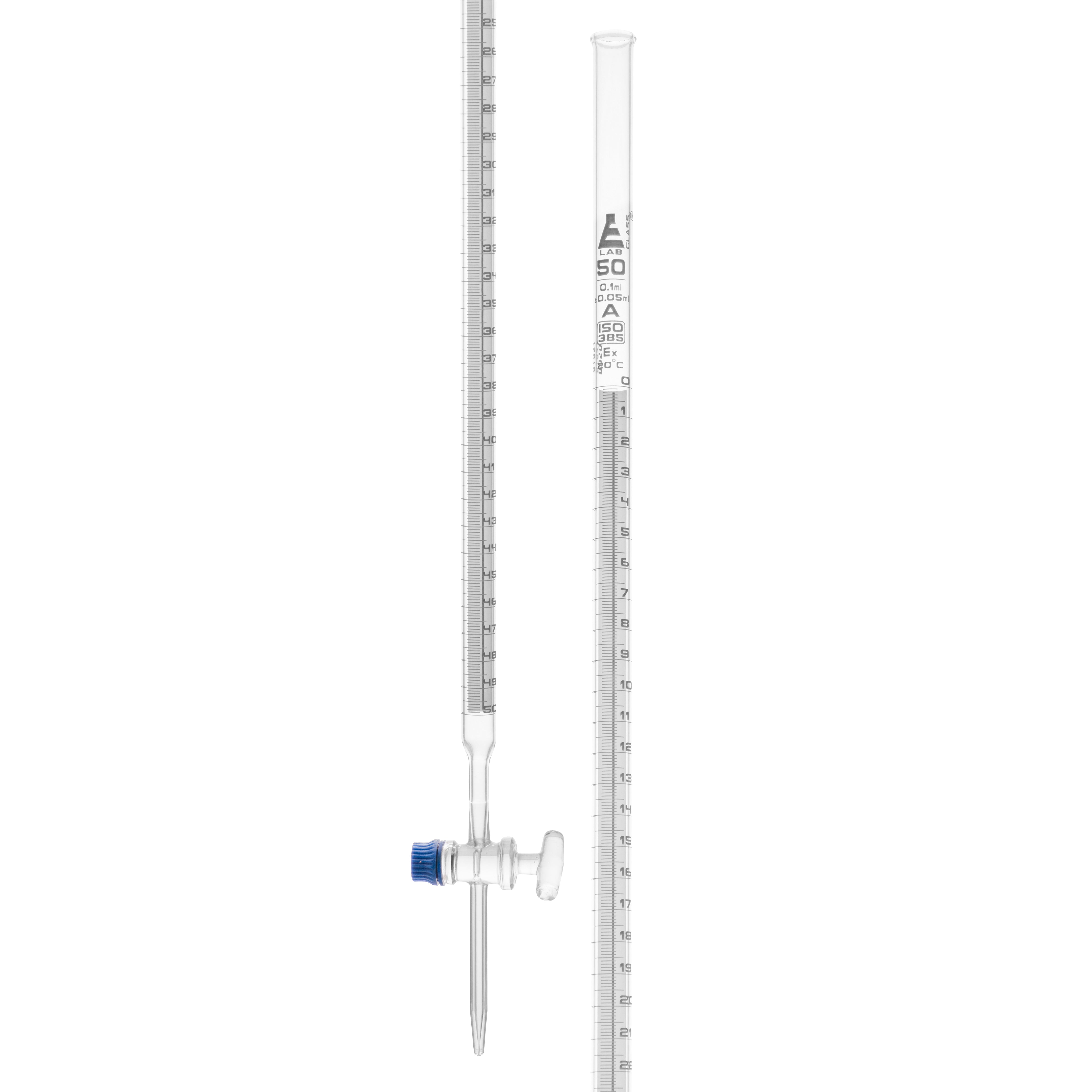 Class A Schellbach Borosilicate Glass Burette with Glass Stopcock, White Graduations
