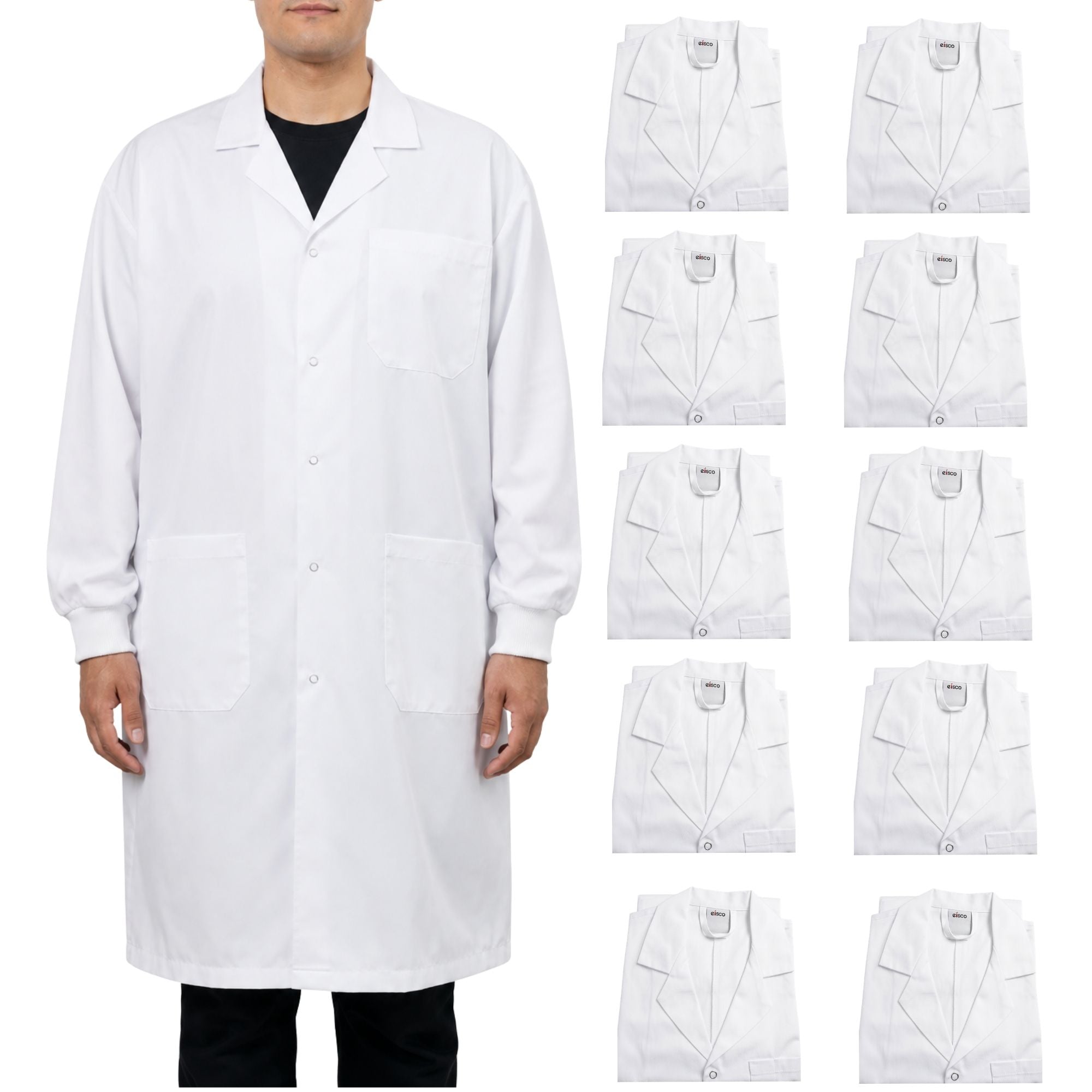 Poly-Cotton Blend Lab Coat with Ribbed Cuff, 10-Pack