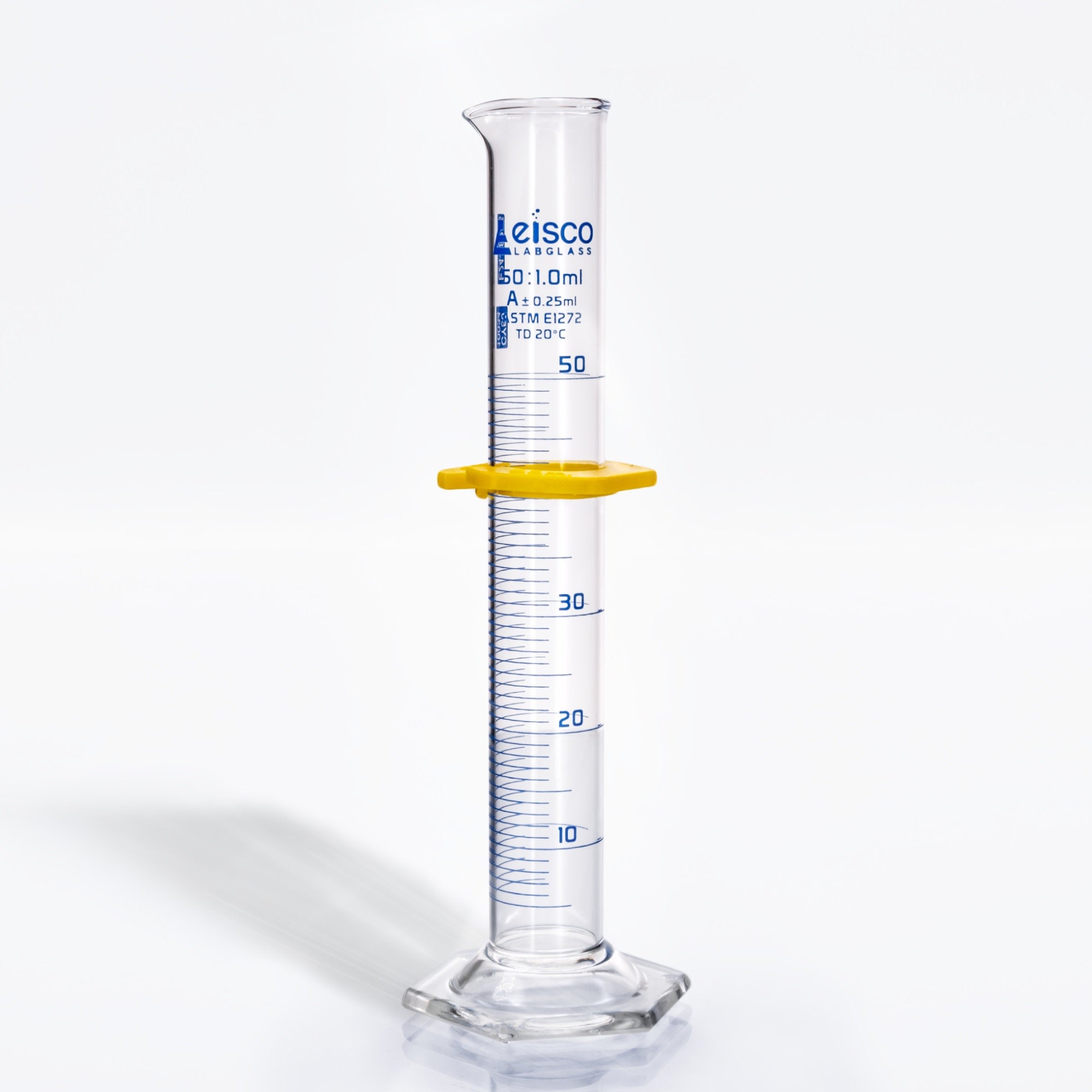 ASTM E1272 Class A Serialized Graduated Cylinder with Hex Base and Guard, 50mL, Autoclavable, Borosilicate 3.3 Glass
