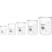 5-Piece Low Form Premium Beaker Set, 50/100/250/600/1000mL, White Graduations, Borosilicate Glass