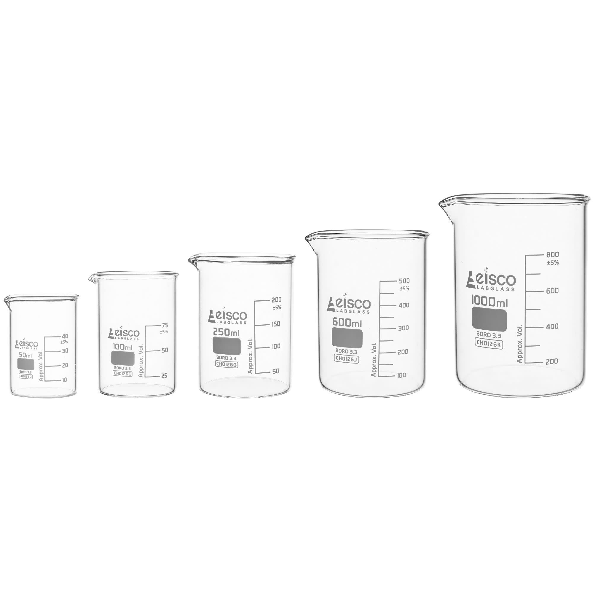 5-Piece Low Form Premium Beaker Set, 50/100/250/600/1000mL, White Graduations, Borosilicate Glass
