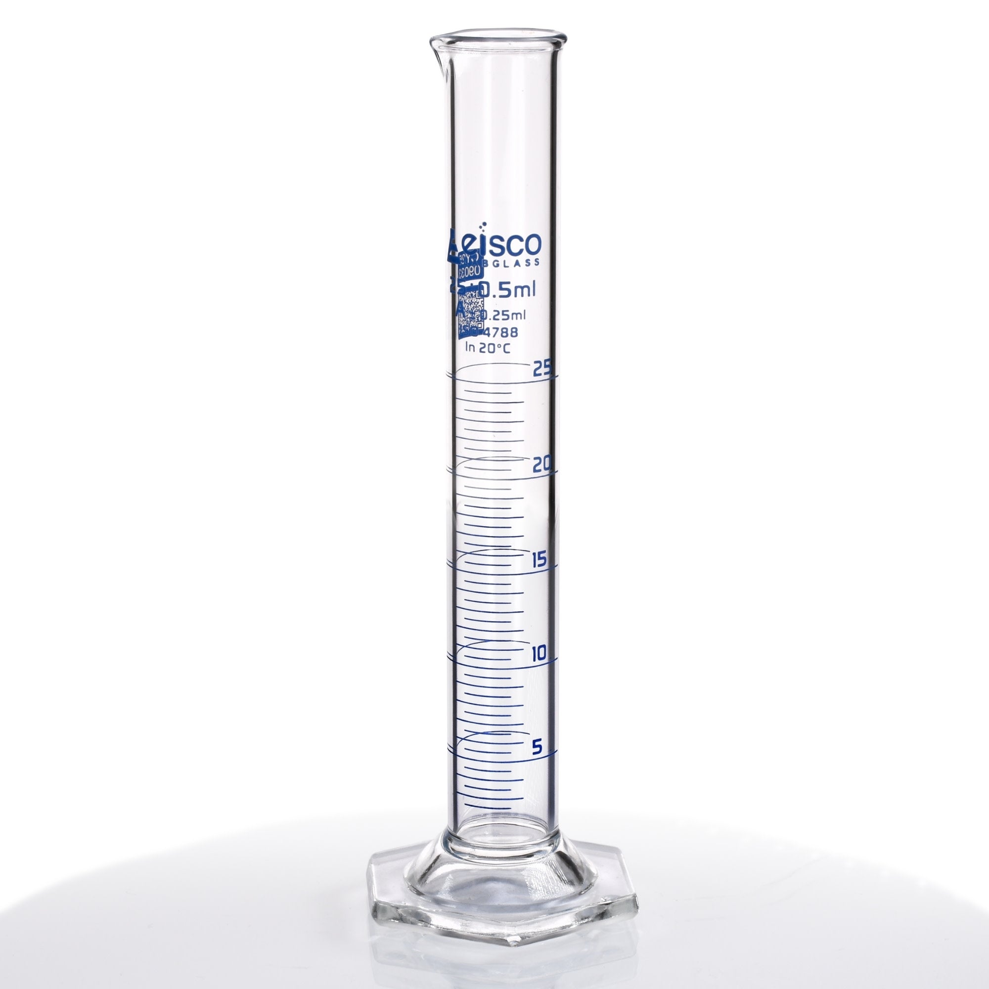 Class A Autoclavable Graduated Cylinder with Hex Base and QR Code Certificate, 25mL, Borosilicate Glass
