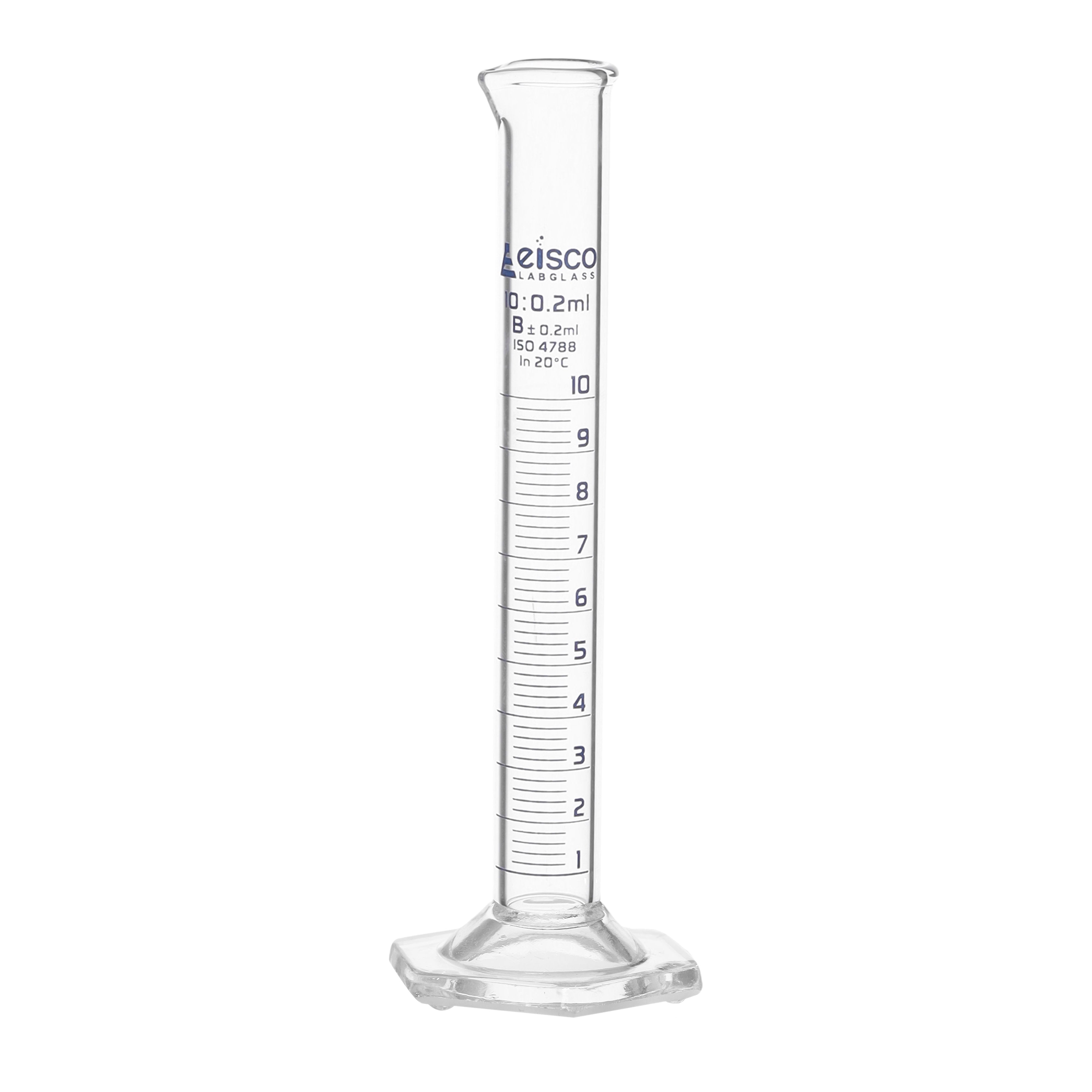 Class B Borosilicate Glass Graduated Cylinder with Hexagonal Base, Blue Graduations
