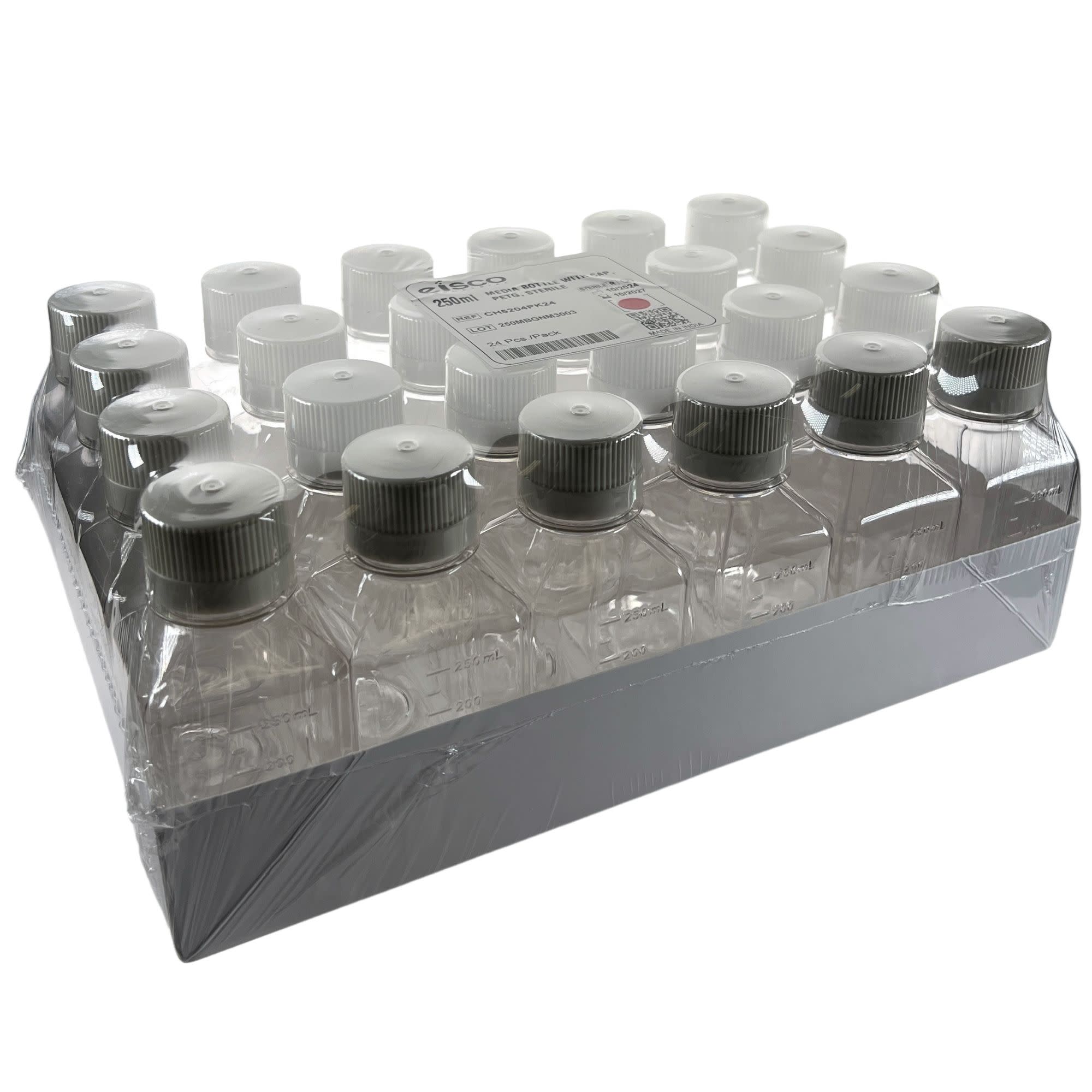 Square Sterile PETG Media Bottle with HDPE Cap, Leak-Proof, 24-Pack