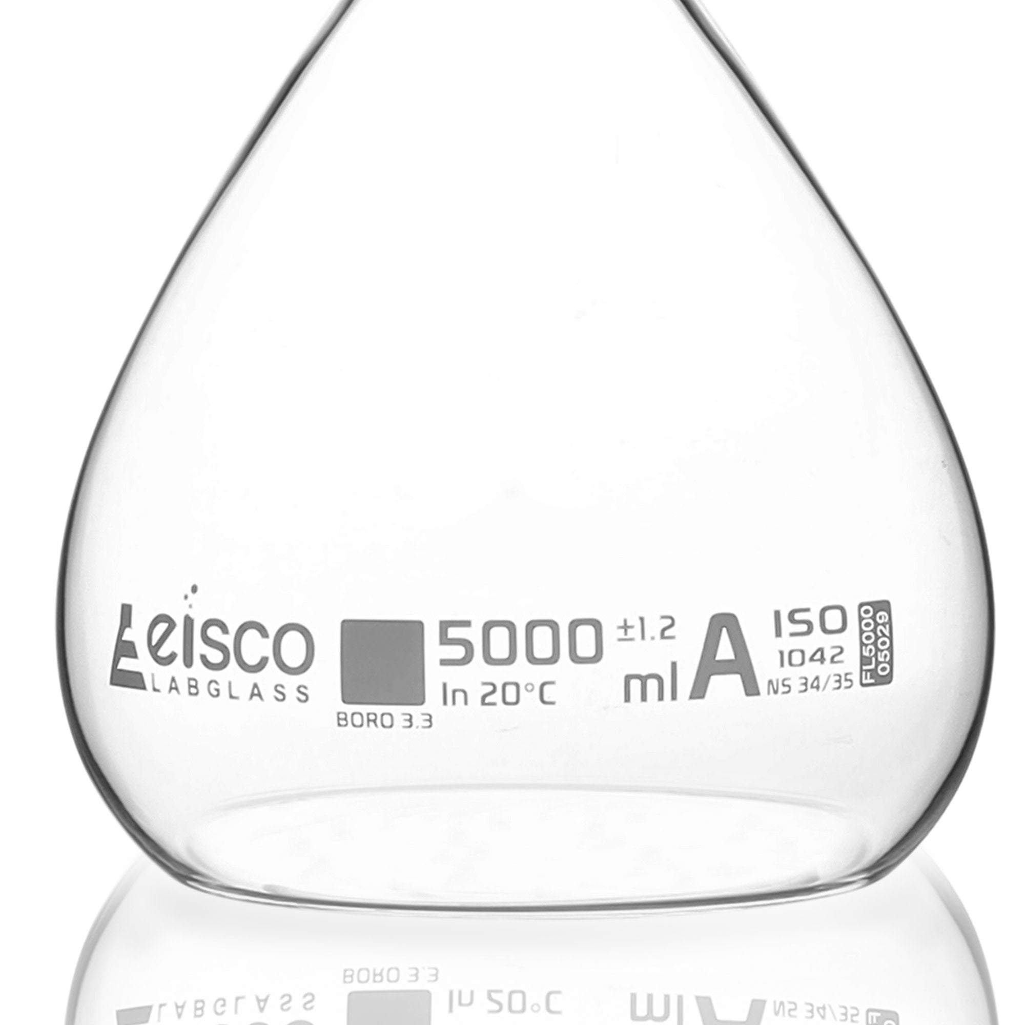Class A Volumetric Flask with Hollow Glass Stopper and Certificate, 5000mL, White Graduations, Borosilicate Glass