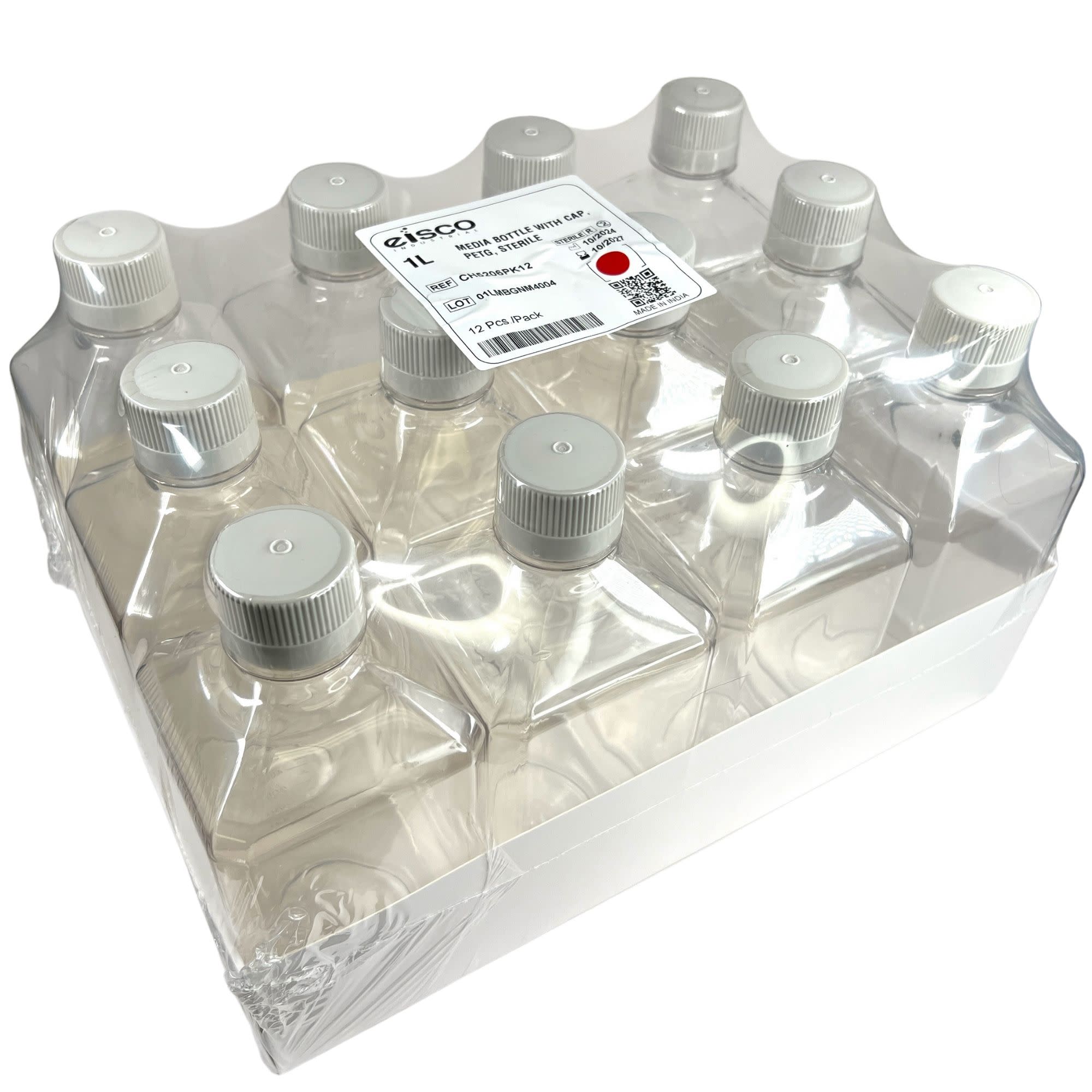 12-Pack Sterile Square PETG Media Bottles with HDPE Caps, Gamma Sterilized, 1L