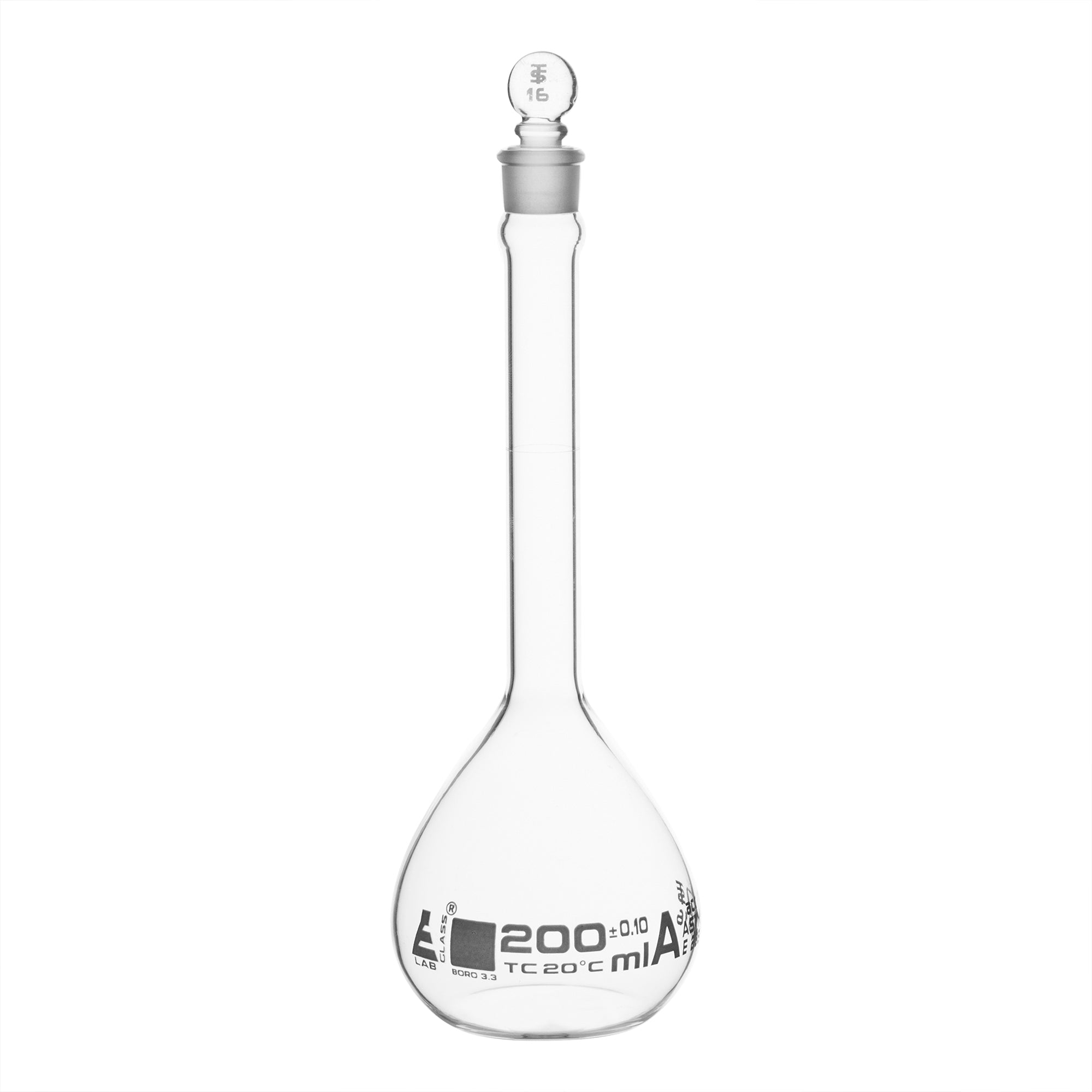 ASTM Class A Borosilicate Glass Volumetric Flask with Glass Stopper, White Graduations