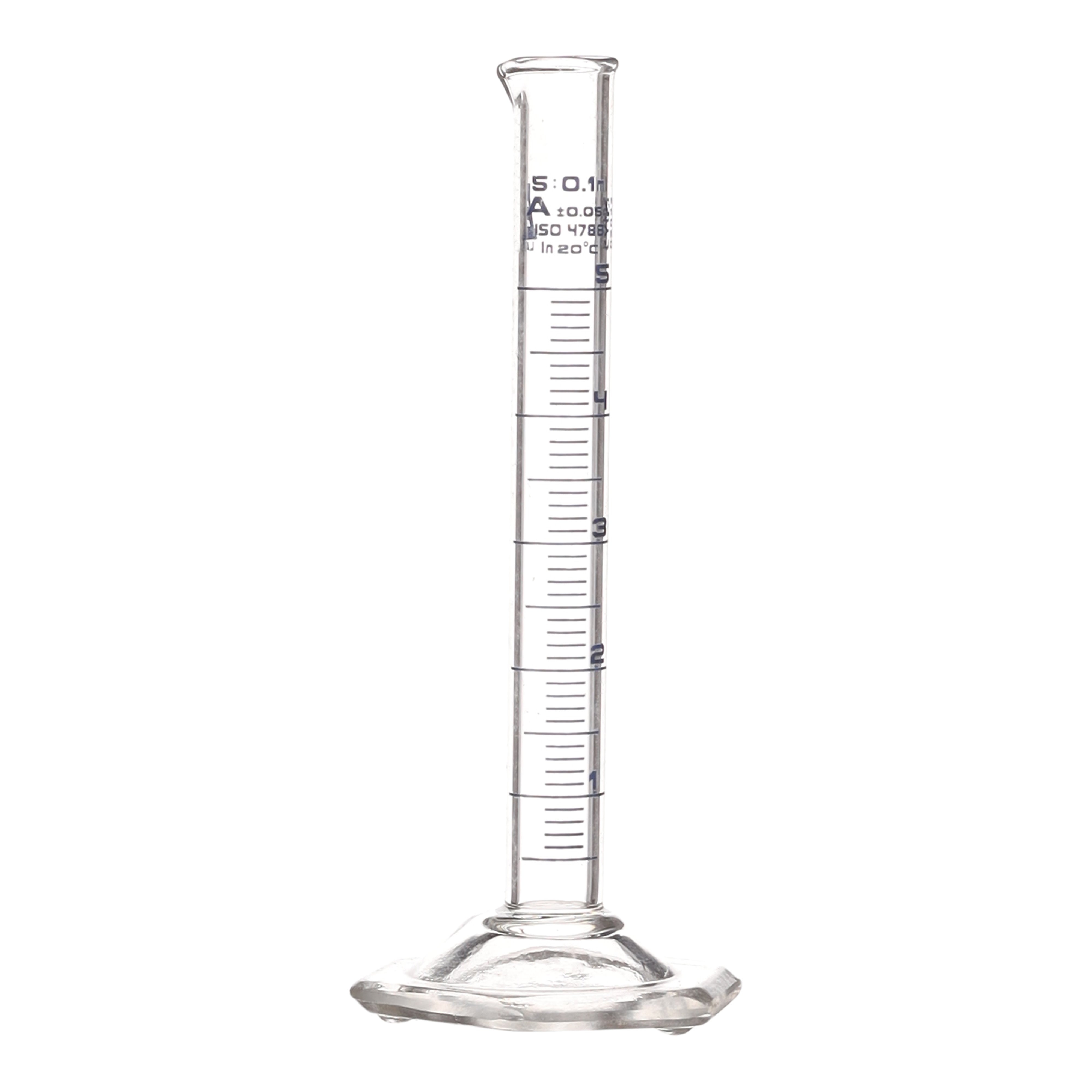 Class B Graduated Cylinder with Hexagonal Base, 5mL, Blue Graduations, Borosilicate Glass
