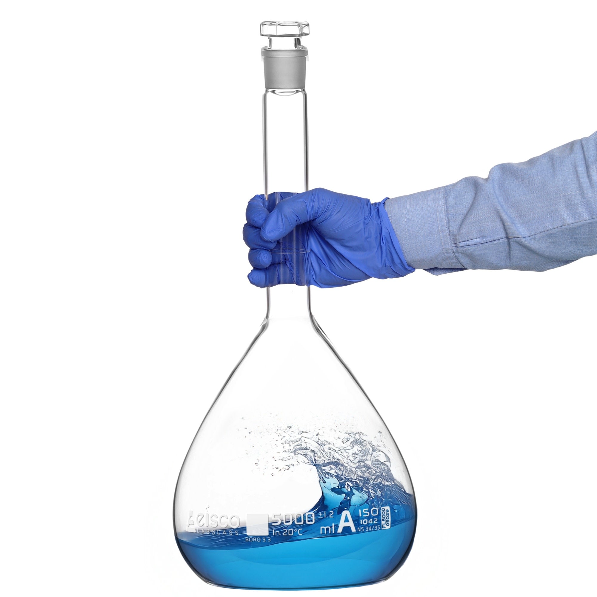 Class A Volumetric Flask with Hollow Glass Stopper and Certificate, 5000mL, White Graduations, Borosilicate Glass