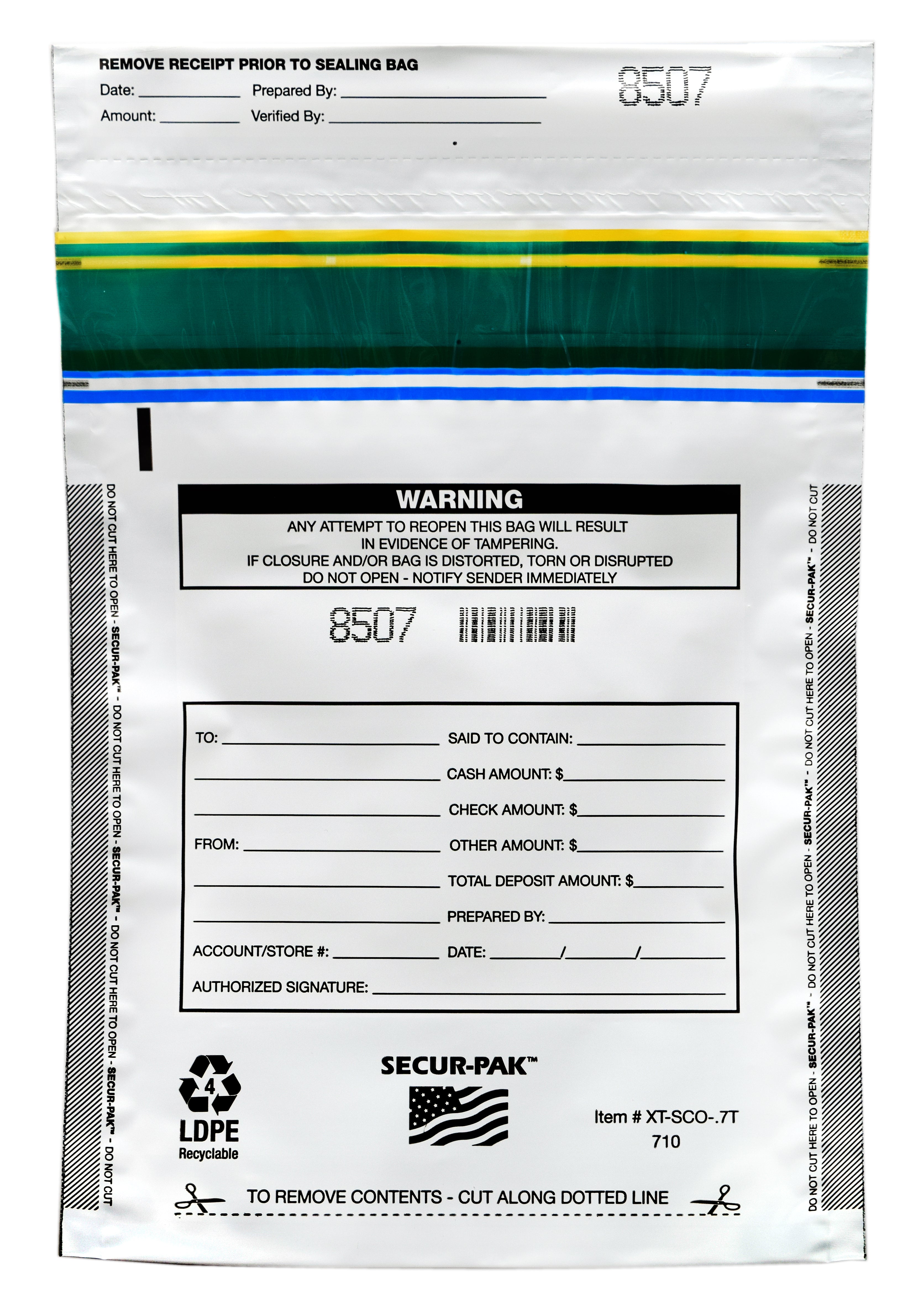 Premium Tamper-Evident Opaque White Security Bags, 7 x 10", 750 Bill Capacity, 100-Pack