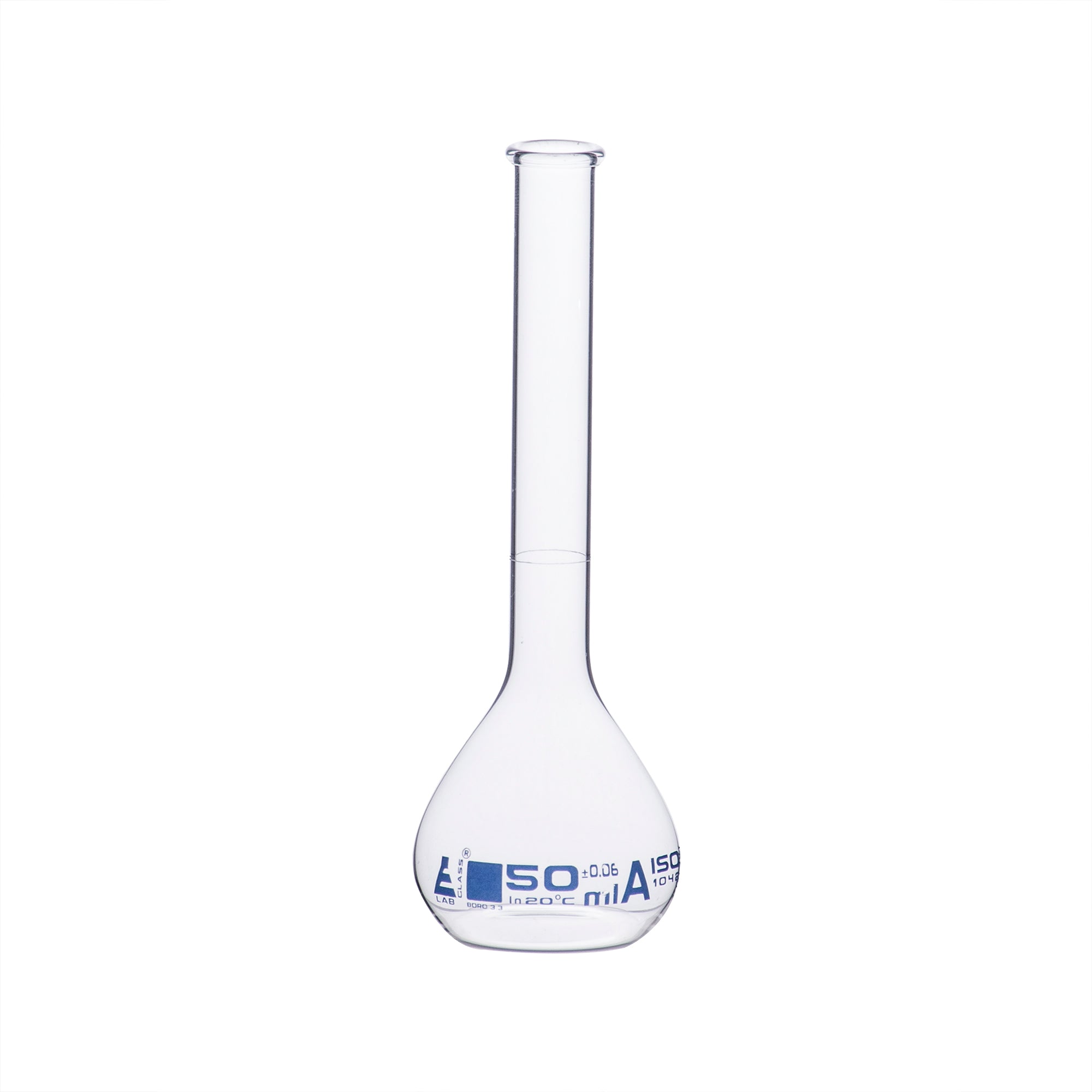 Class A Borosilicate Glass Volumetric Flask with Beaded Rim, Blue Graduations