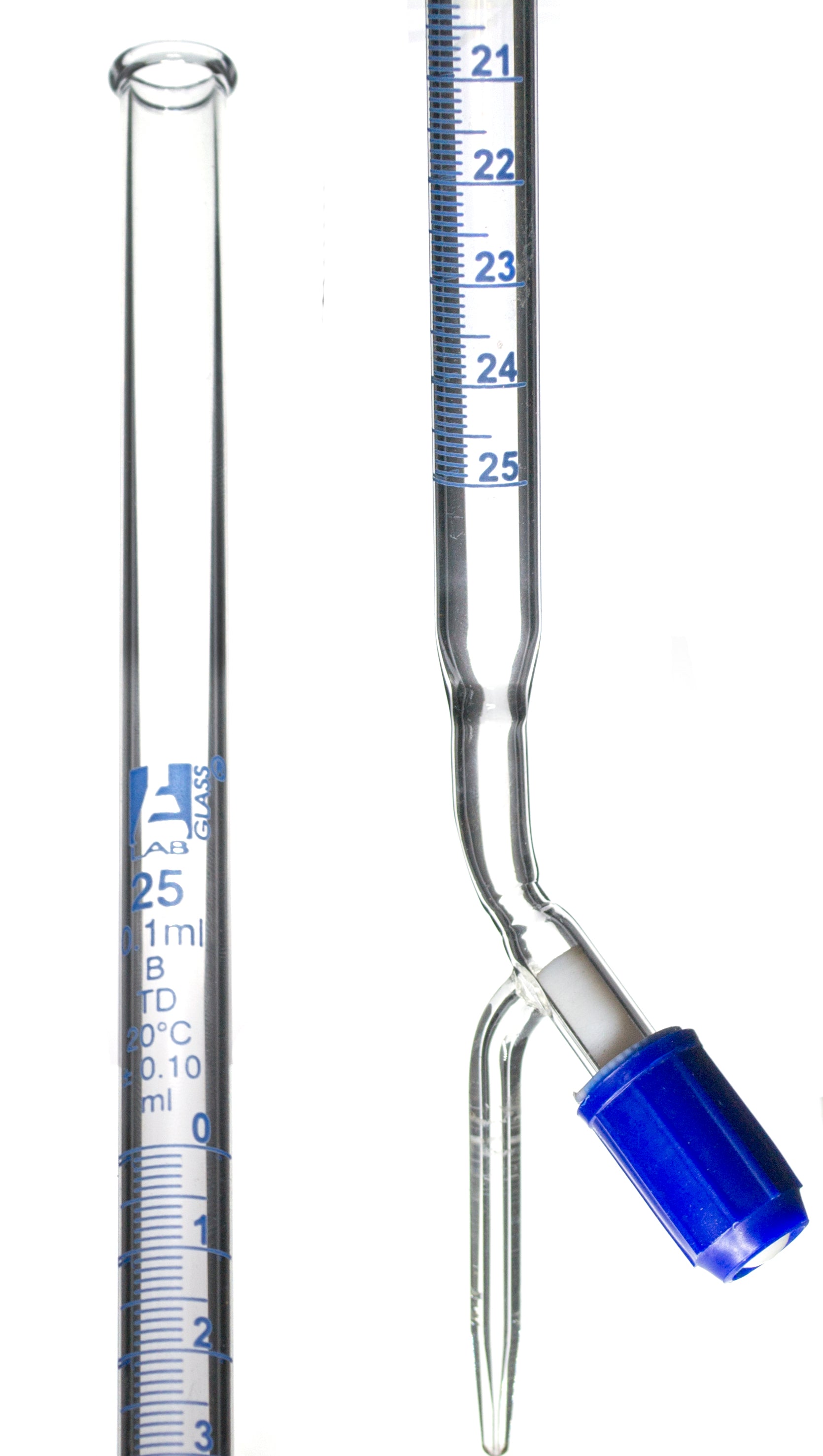 Class B Burette with PTFE Stopcock, 25mL, 0.1mL Graduations, 22.5 inch, Borosilicate Glass