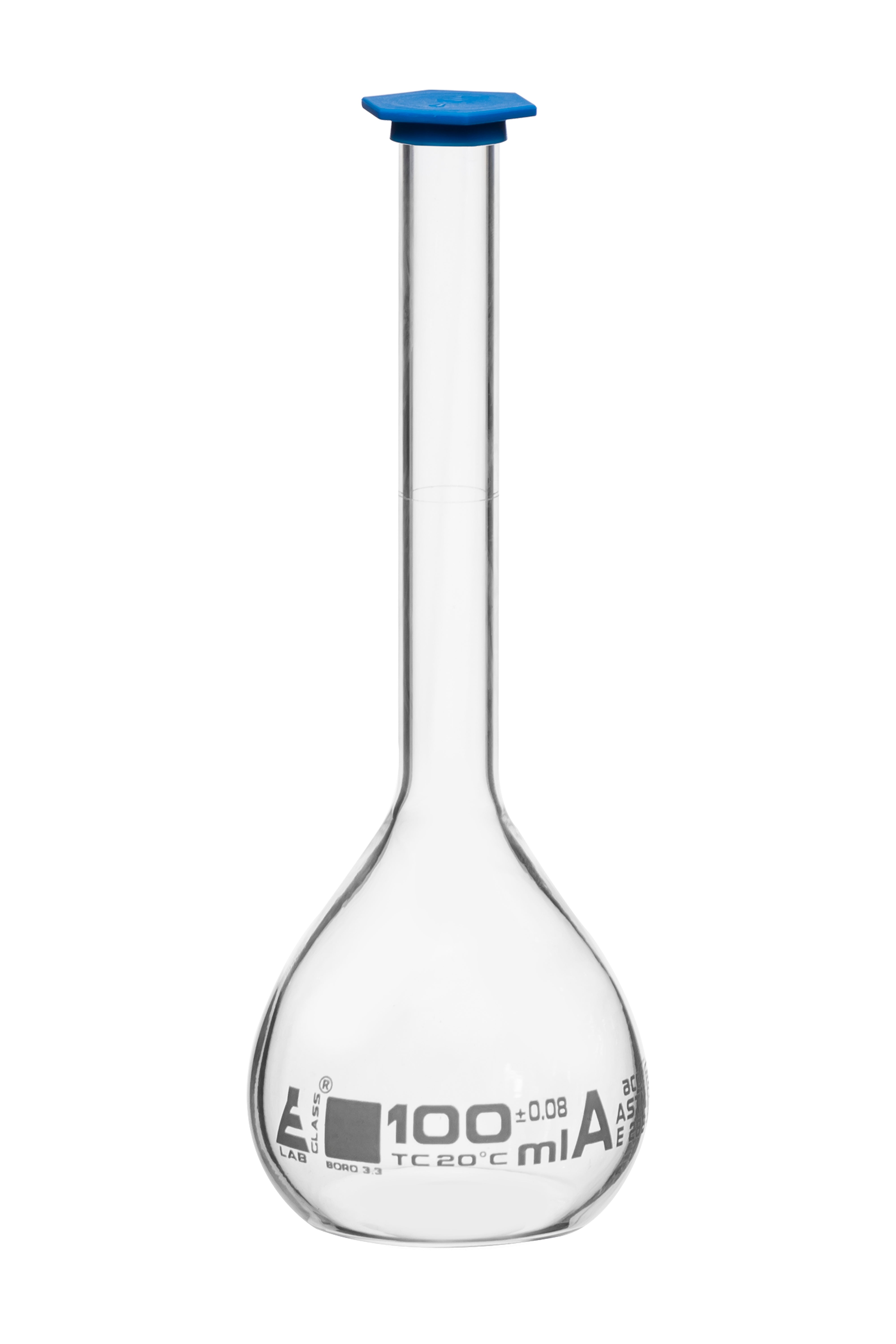 ASTM Class A Borosilicate Glass Volumetric Flask with Snap Cap, White Graduations