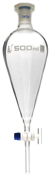 Dropping Funnel, 500mL - Squibb - With 24/29 Plastic Stopper & Glass Key Stopcock - Borosilicate Glass