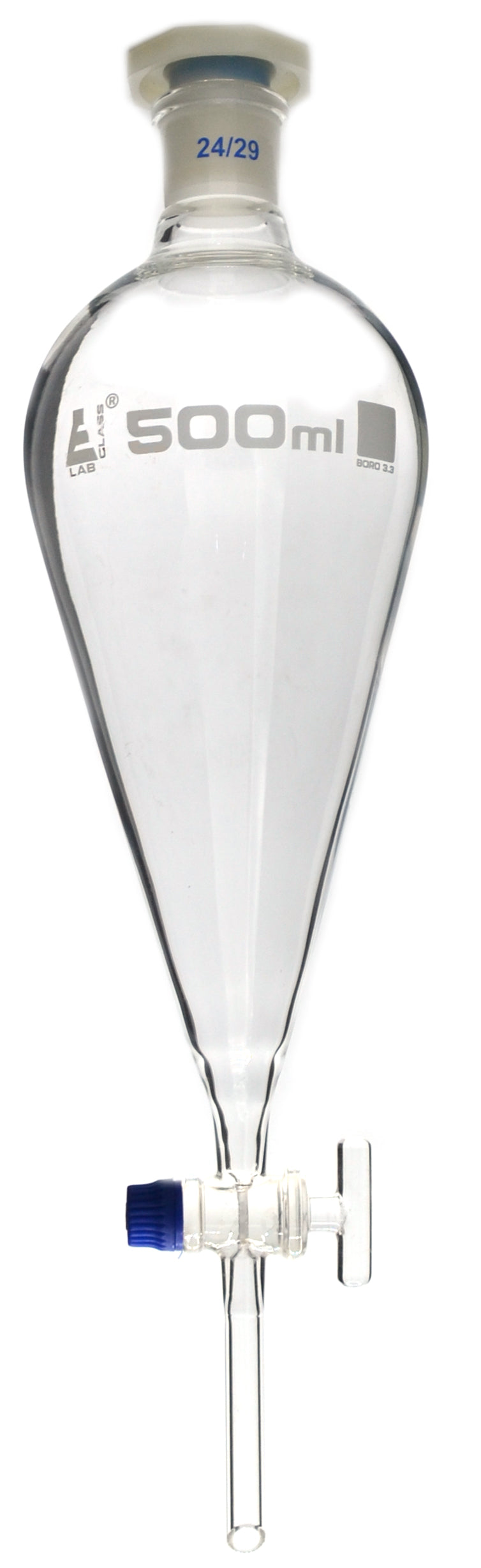 Dropping Funnel, 500mL - Squibb - With 24/29 Plastic Stopper & Glass Key Stopcock - Borosilicate Glass