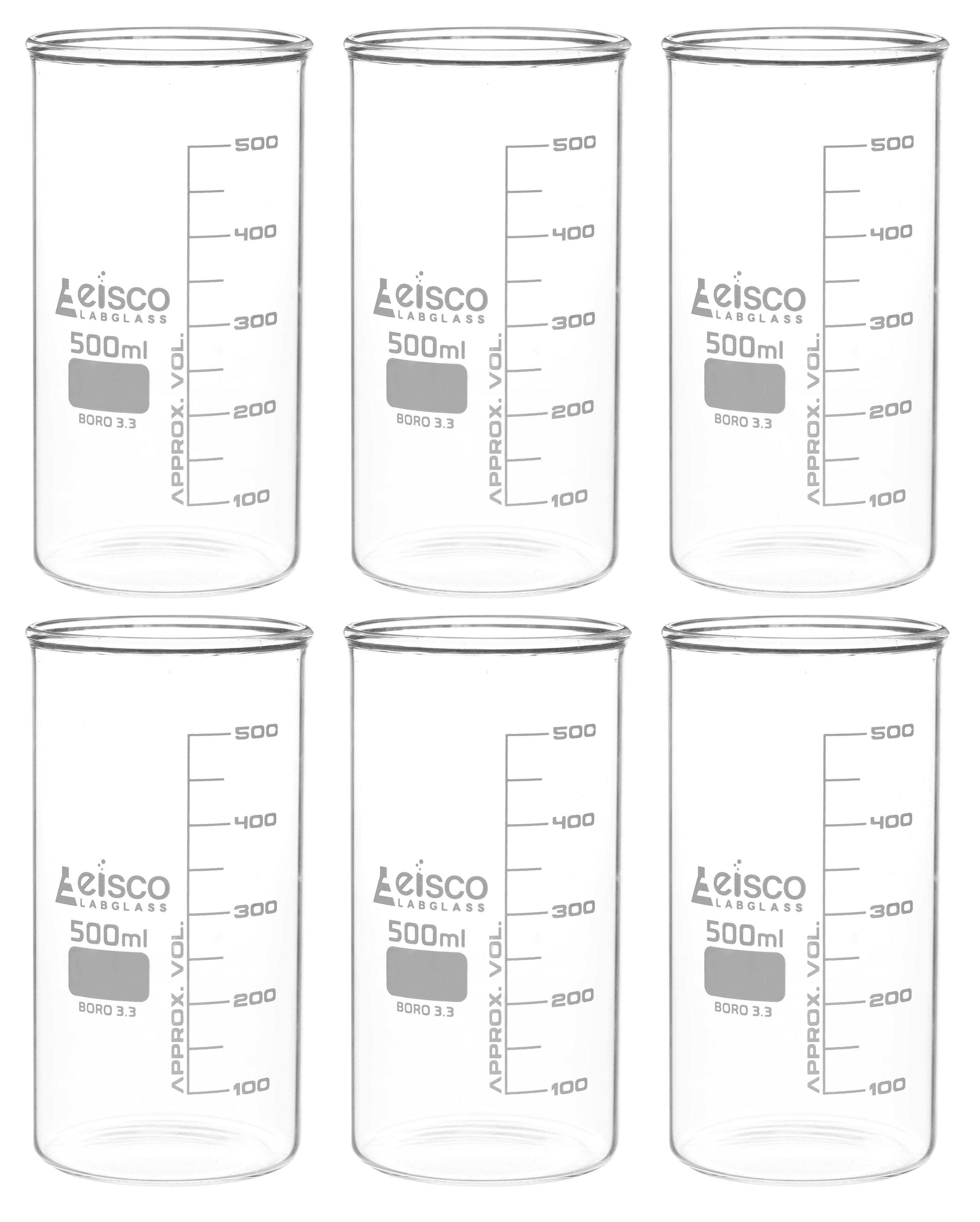 Tall Form Berzelius Borosilicate Glass Beaker, Graduated, 6-Pack