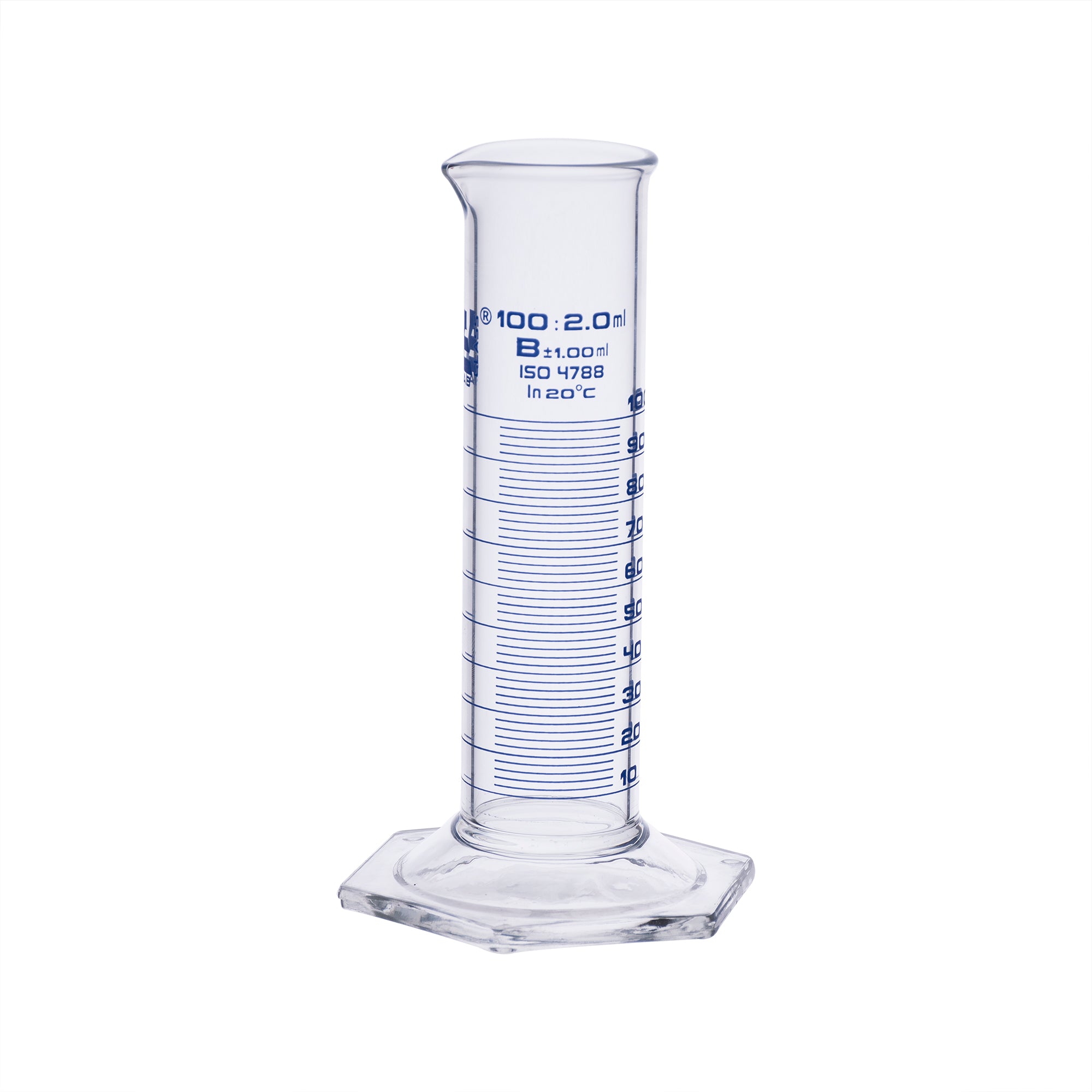 Class B Squat Form Borosilicate Glass Graduated Cylinder with Blue Graduations