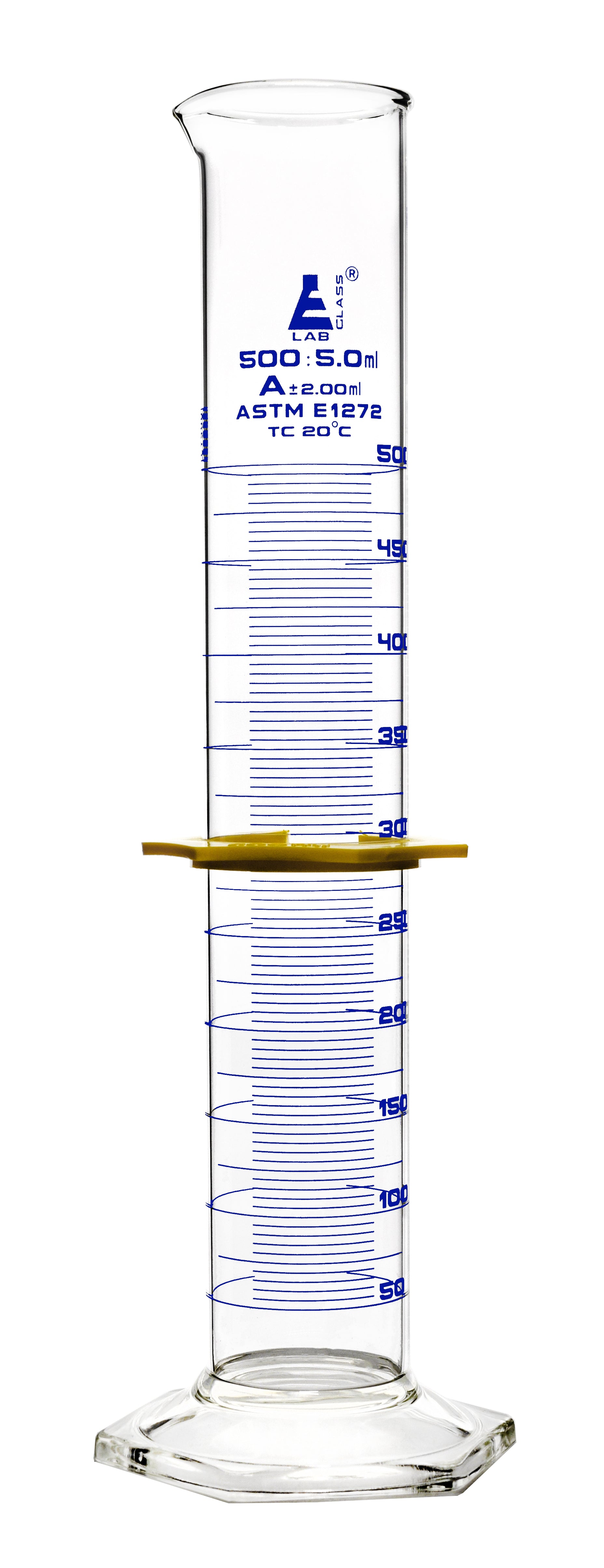 Class A Borosilicate Glass Graduated Cylinder with Protective Collar, Blue Graduations