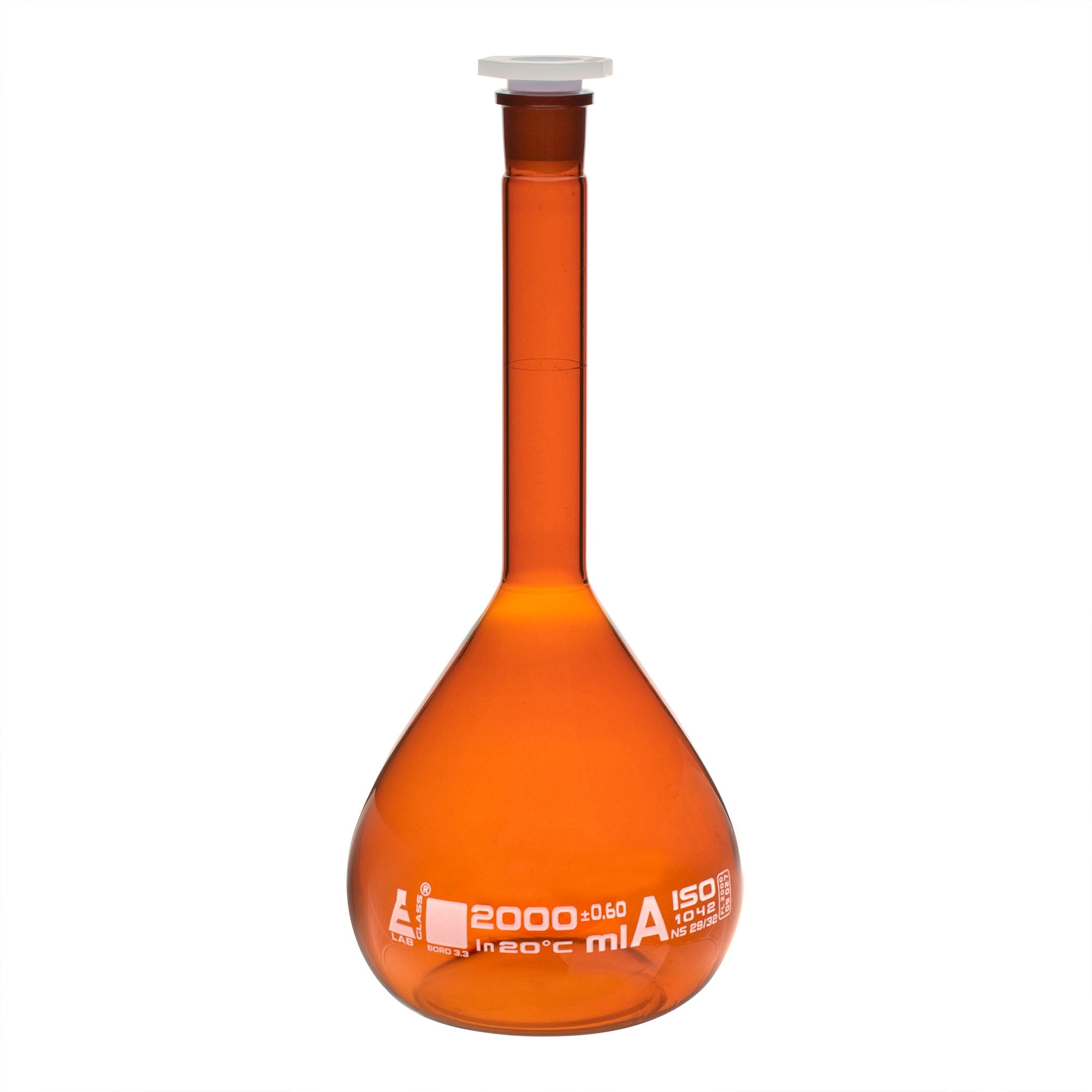 Class A Amber Borosilicate Glass Volumetric Flask with Polypropylene Stopper, White Graduations