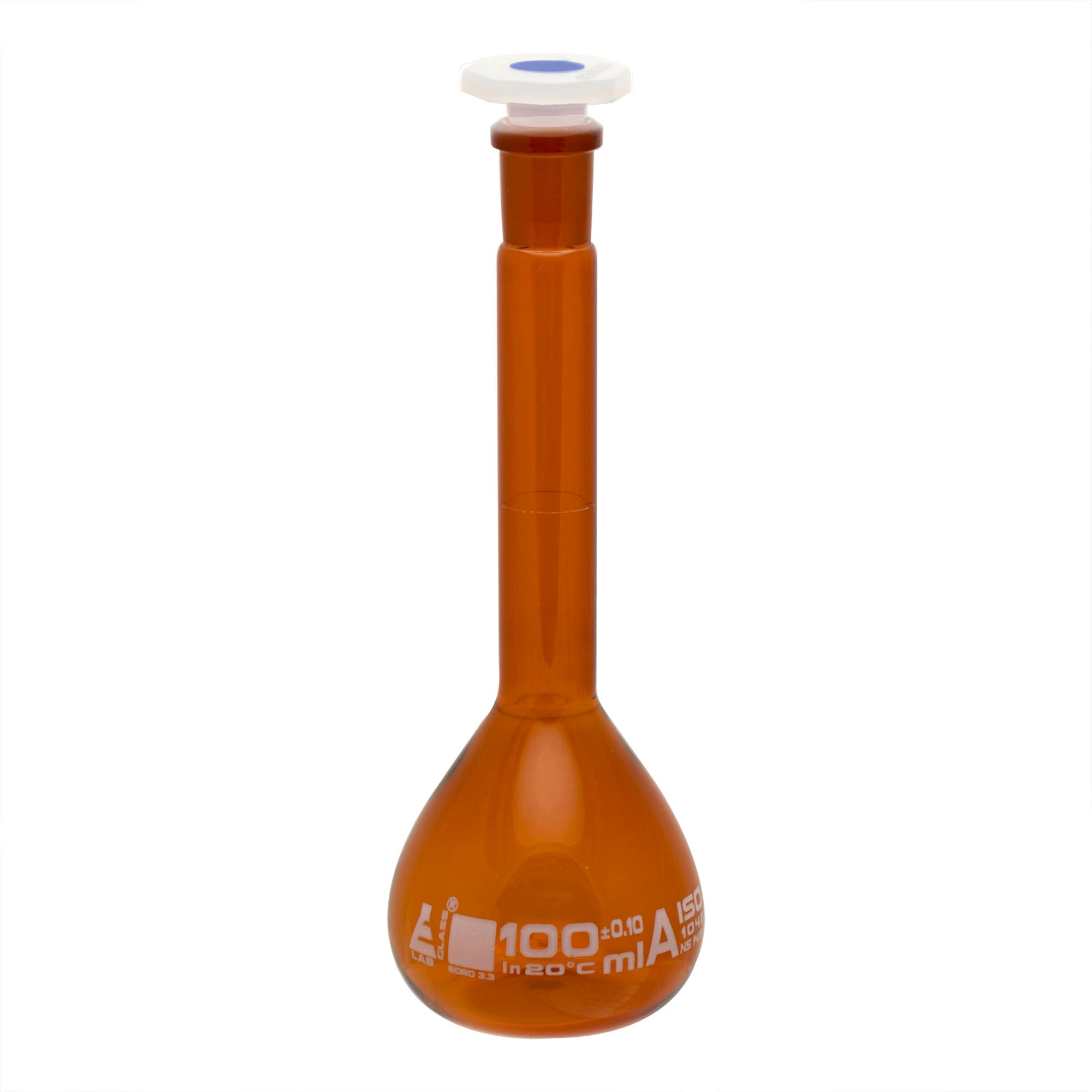Class A Amber Borosilicate Glass Volumetric Flask with Polypropylene Stopper, White Graduations