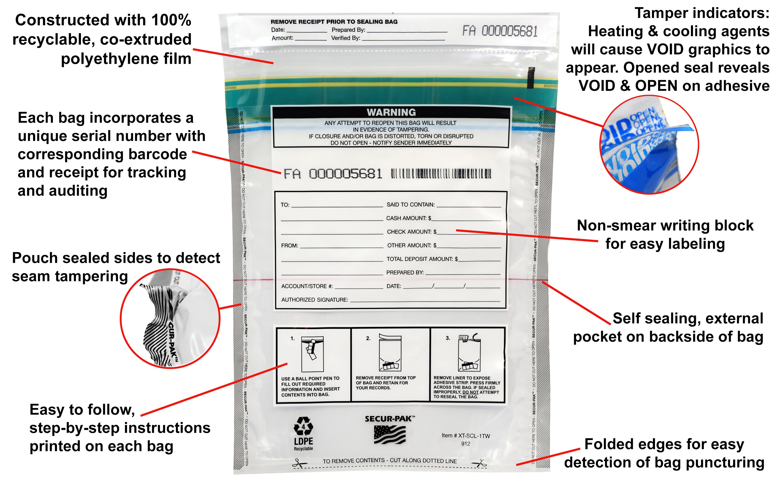 Premium Tamper-Evident Self-Sealing Security Bags with Pocket, 9 x 12", 100-Pack, Alternate Model