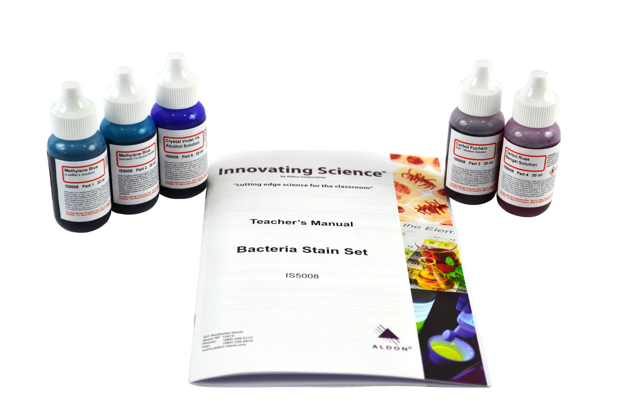 Bacteria Stain Set, 5 Stains in 30mL Dropper Bottles