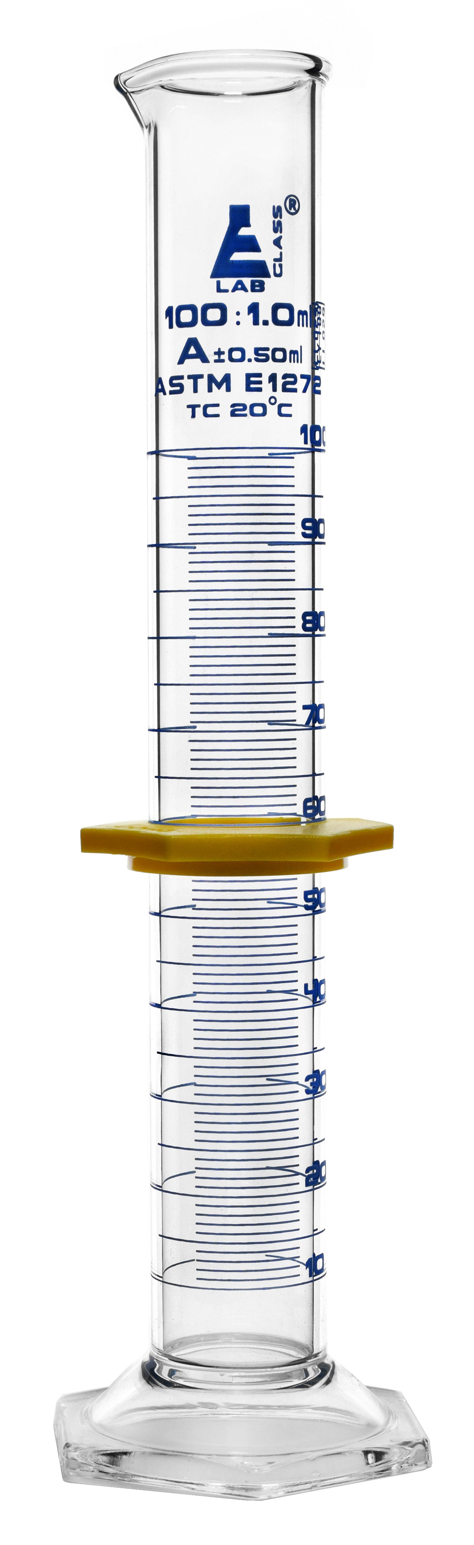 Class A Borosilicate Glass Graduated Cylinder with Protective Collar, Blue Graduations